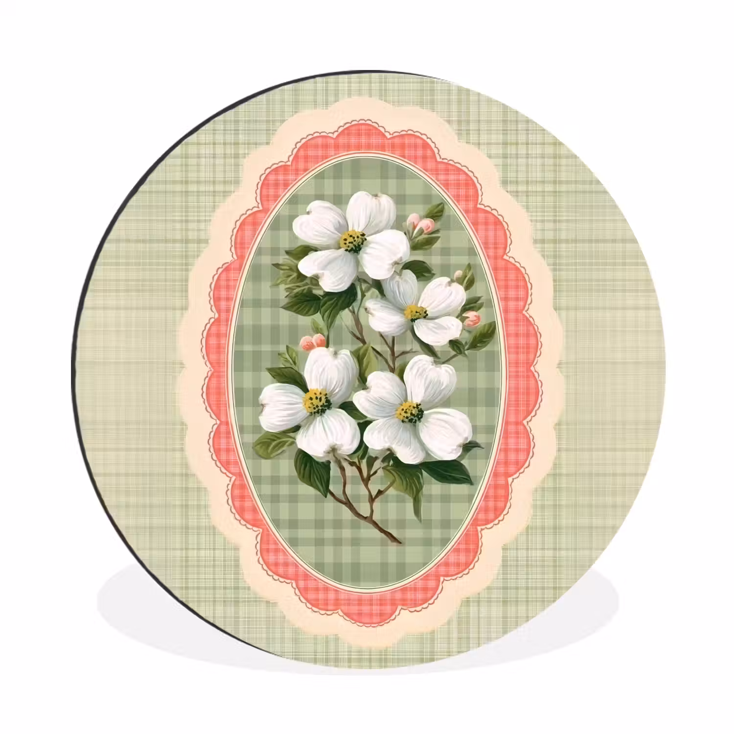 Bloemen - Illustratie - Geruit - Groen Wandcirkel aluminium klein -3d