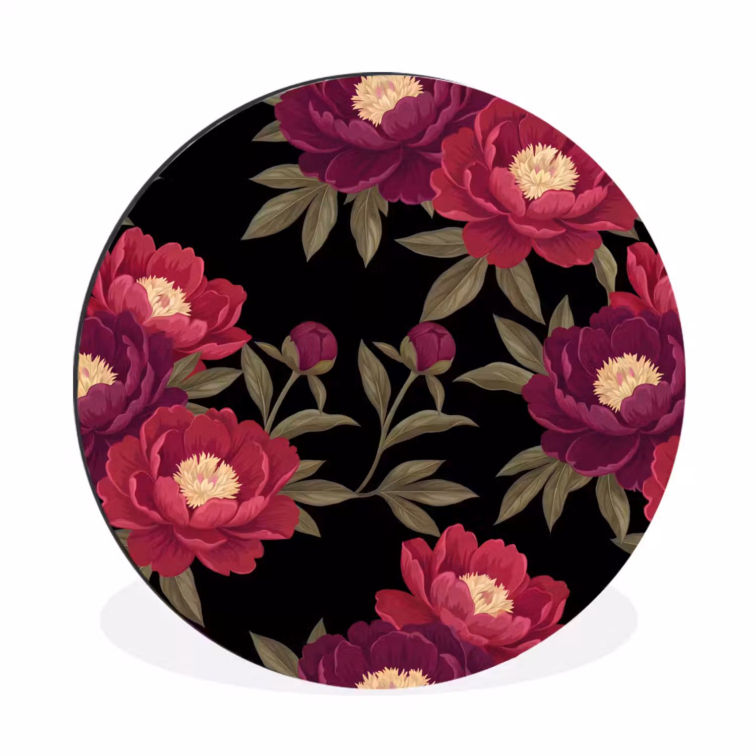 Bloemen - Patroon - Botanisch - Rood - Zwart Wandcirkel aluminium klein -3d