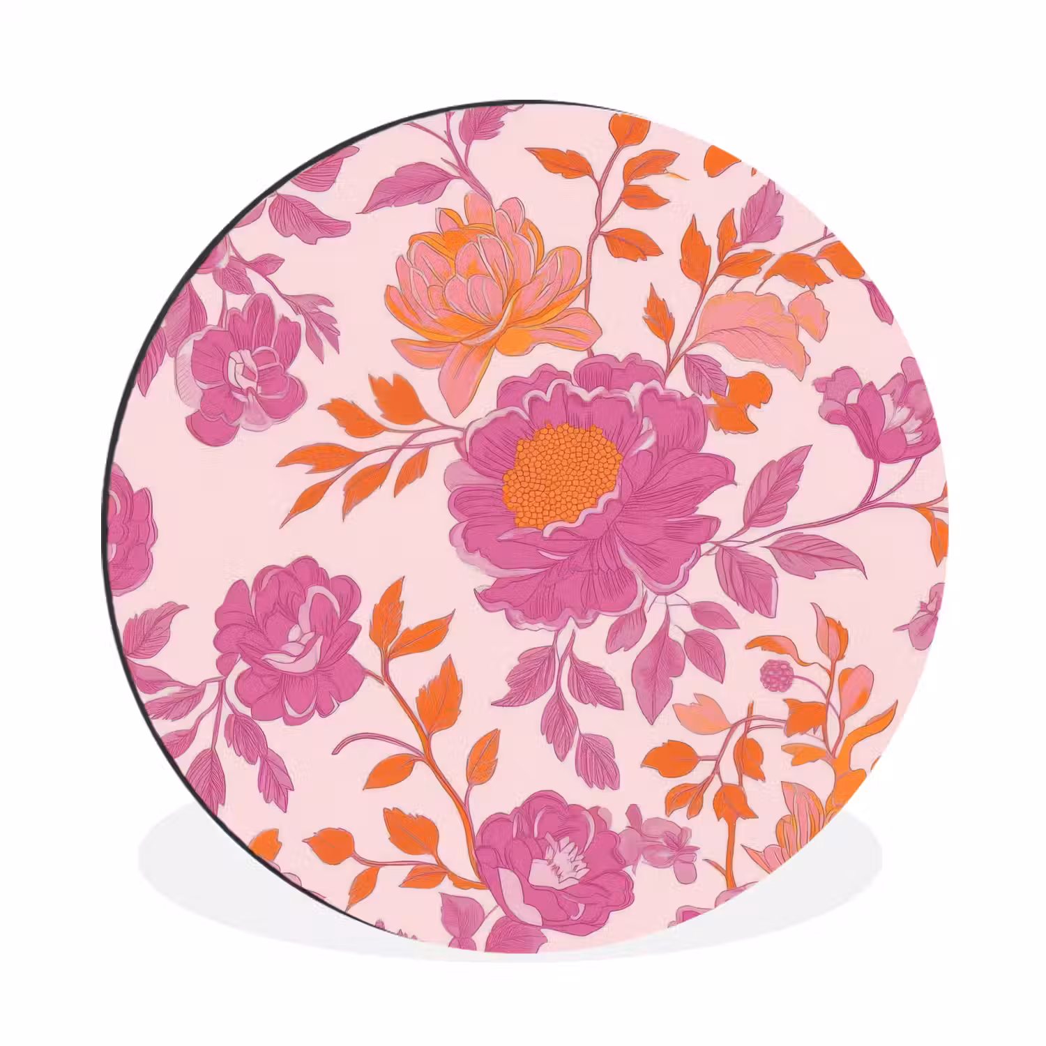 Bloemenpatroon - Roze - Oranje - Bloemen Wandcirkel aluminium klein -3d