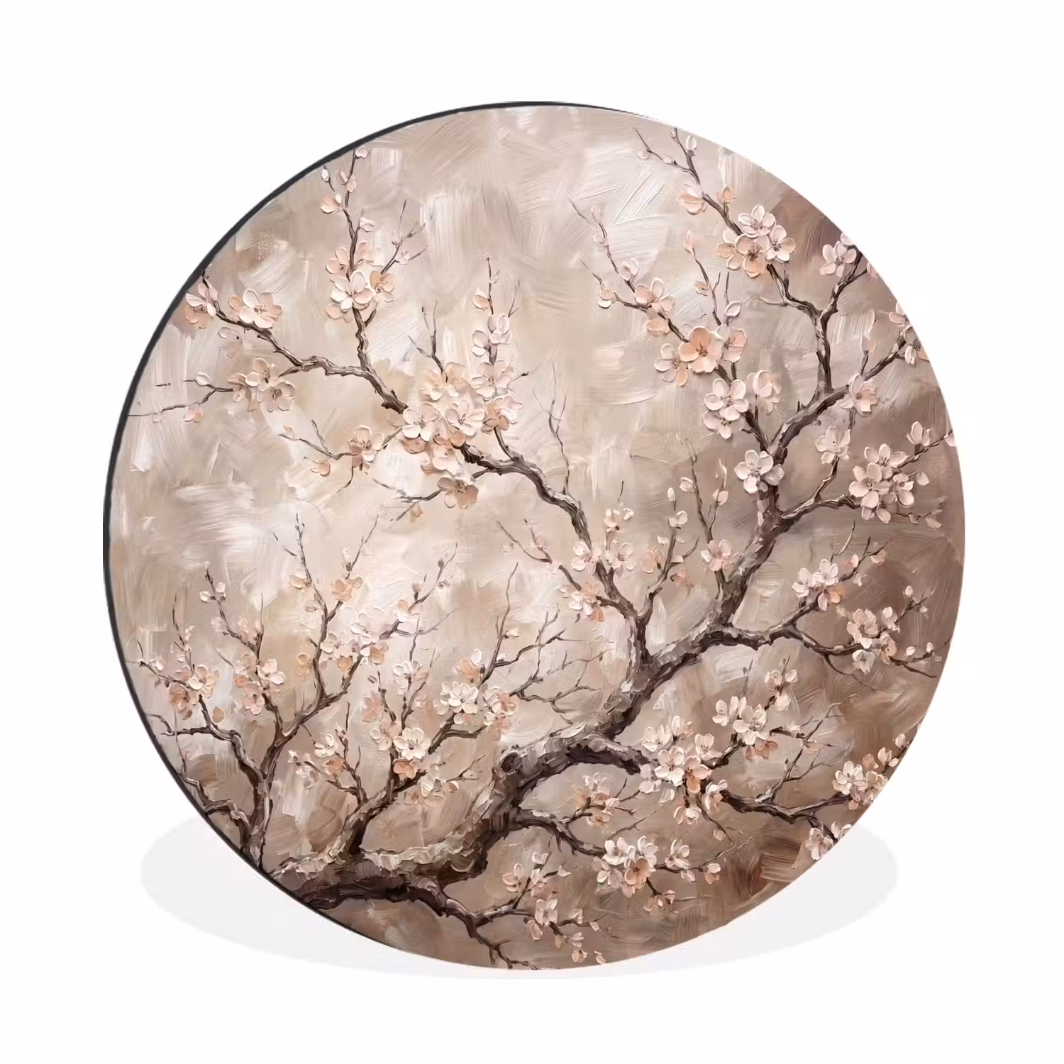 Bloesem - Takken - Schilderij - Beige - Serene Wandcirkel aluminium klein -3d