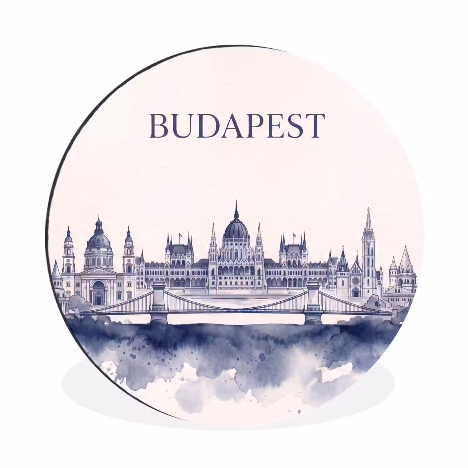 Boedapest - Skyline - Architectuur - Aquarel - Blauw Wandcirkel aluminium klein -3d