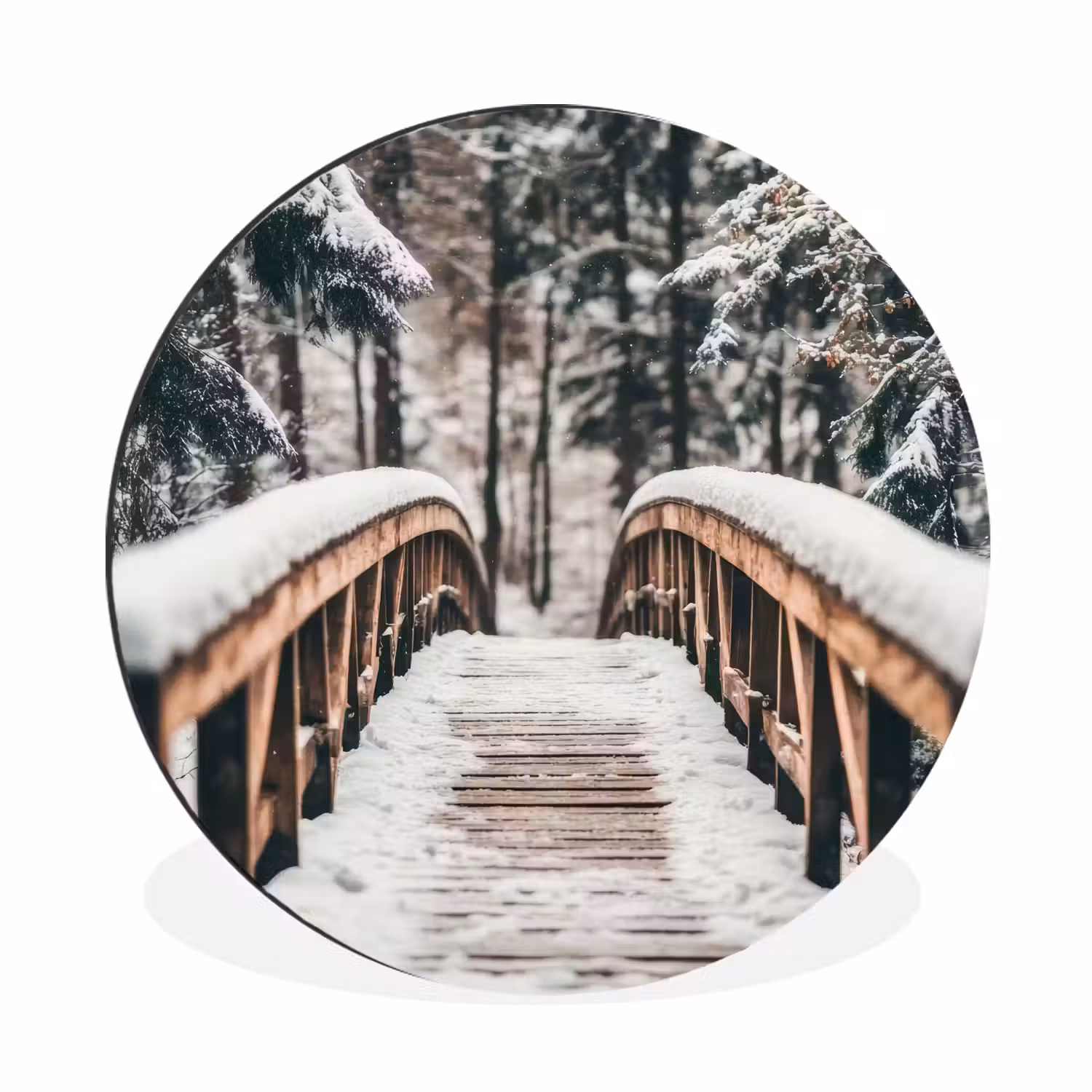 Brug - Winterlandschap - Bos - Natuur - Sneeuw Wandcirkel aluminium klein -3d