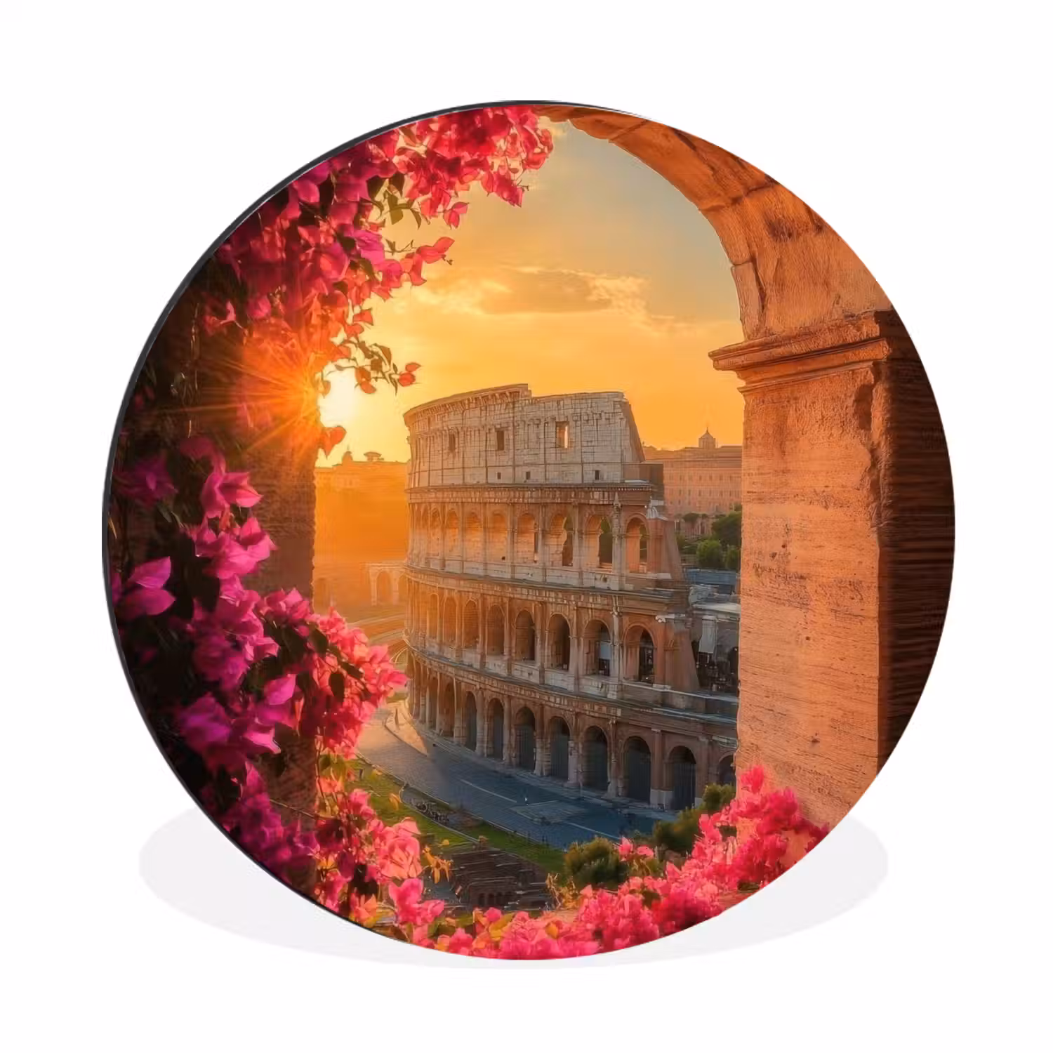 Colosseum - Rome - Roze Bloemen Wandcirkel aluminium klein -3d