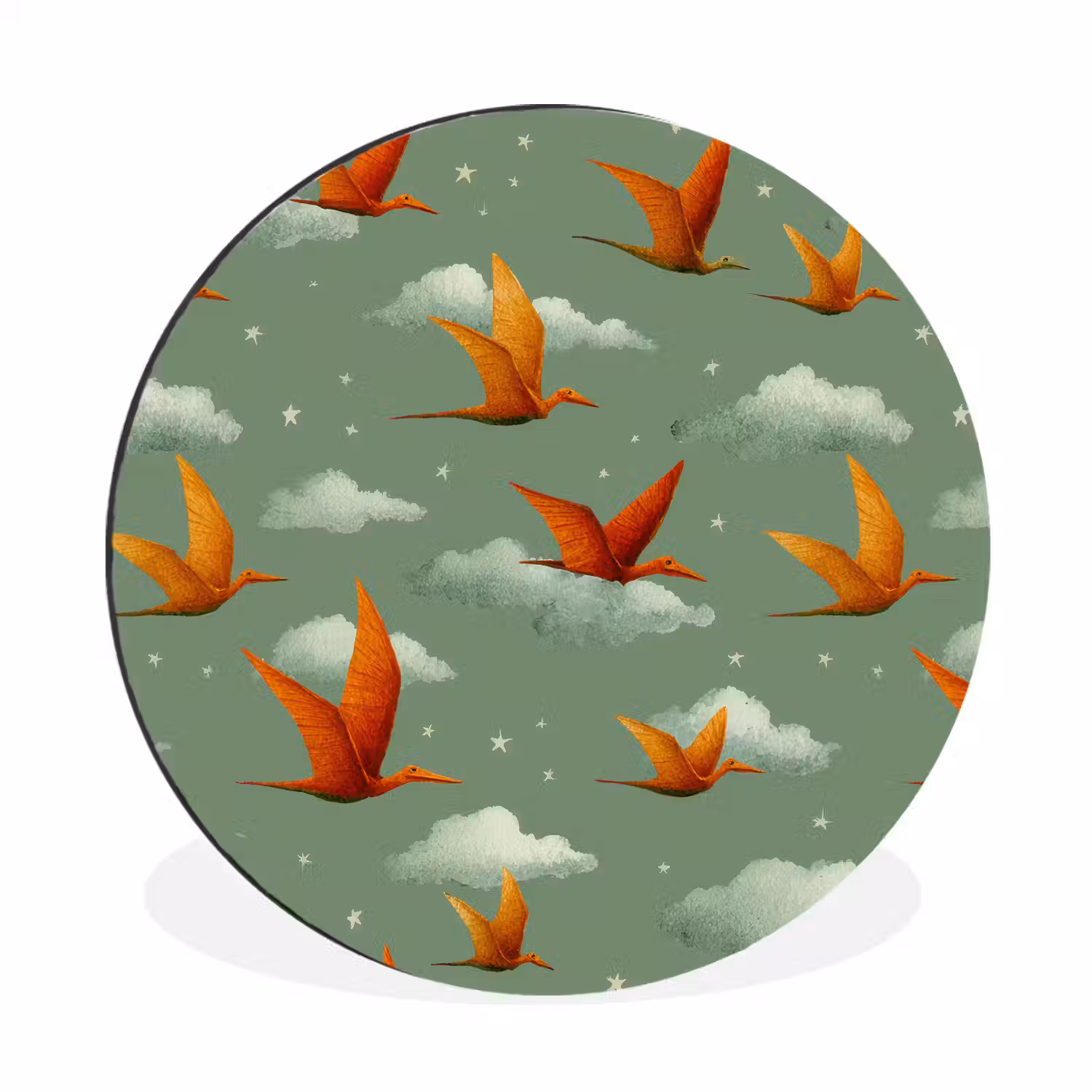 Dinosaurussen - Wolken - Sterren - Oranje Wandcirkel aluminium klein -3d