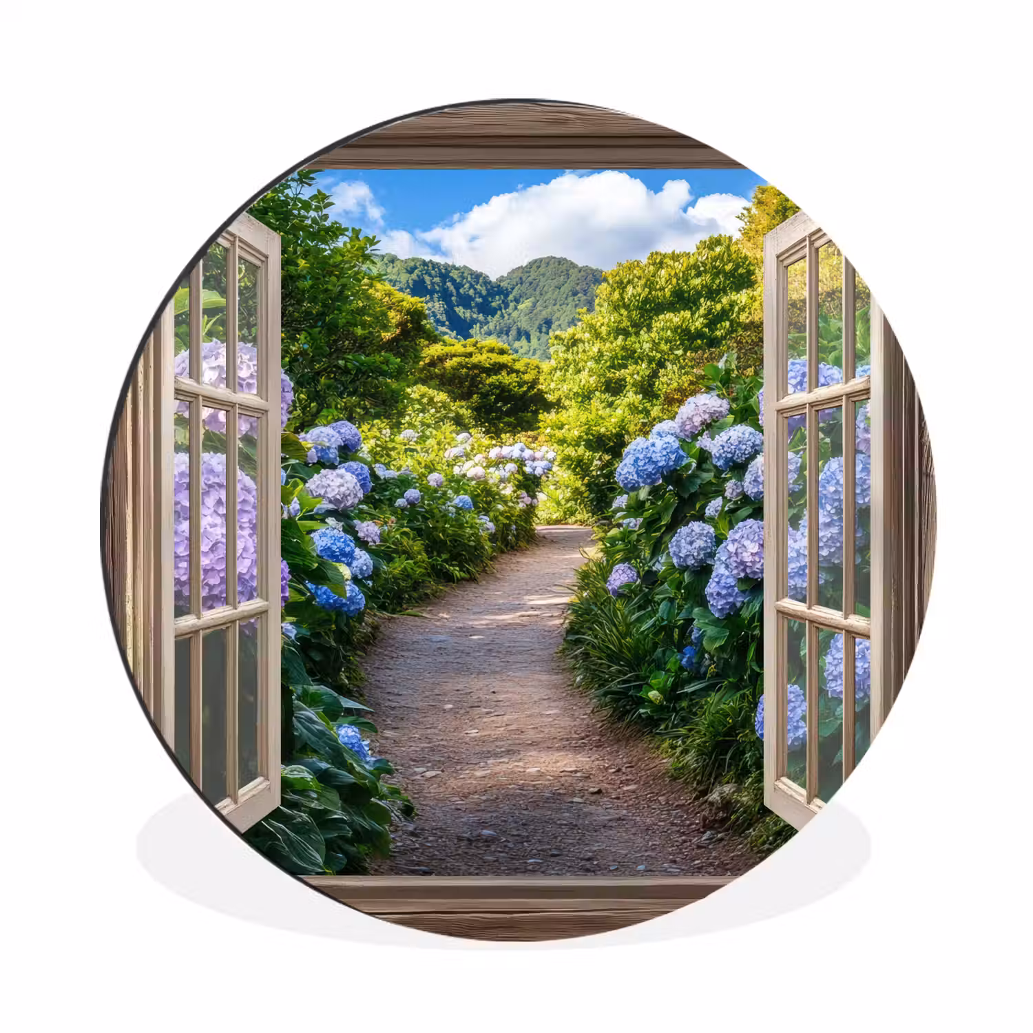 Doorkijk - Hortensia - Pad - Natuur Wandcirkel aluminium klein -3d