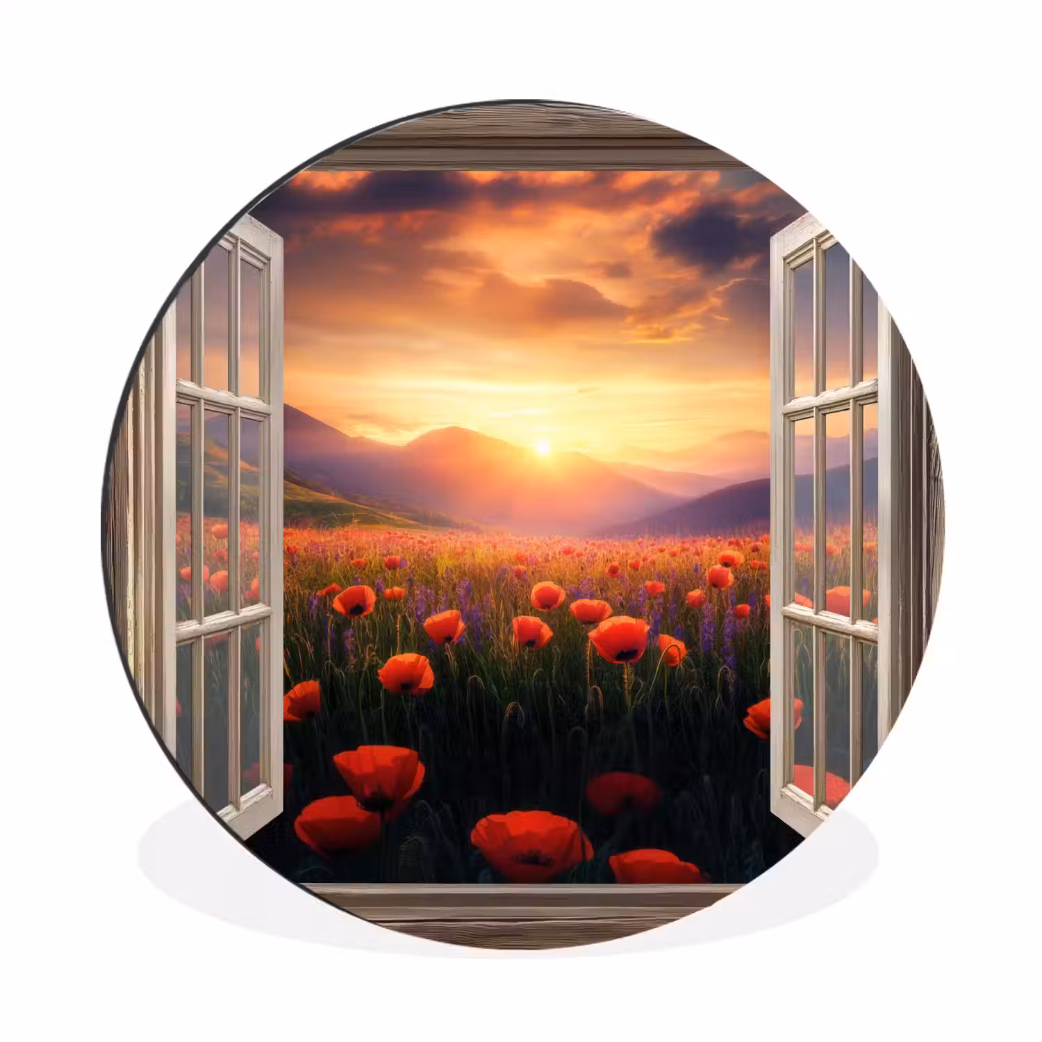 Doorkijk - Klaprozen - Bloemen - Rood - Open raam Wandcirkel aluminium klein -3d