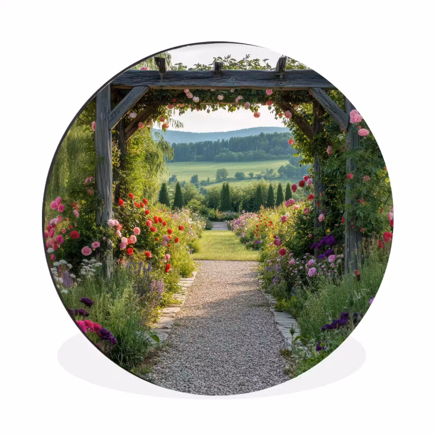 Doorkijk - Landschap - Natuur - Tuinboog - Bloemen Wandcirkel aluminium klein -3d