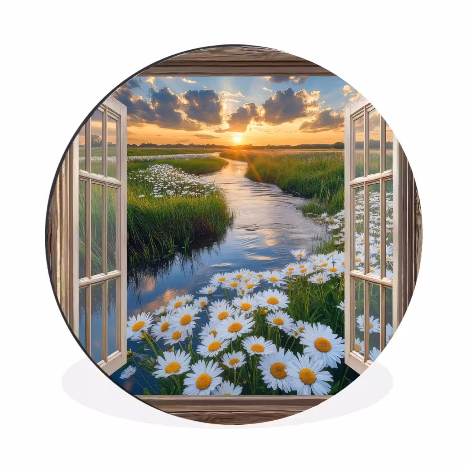 Doorkijk - Landschap - Raam - Water - Zonsondergang Wandcirkel aluminium klein -3d