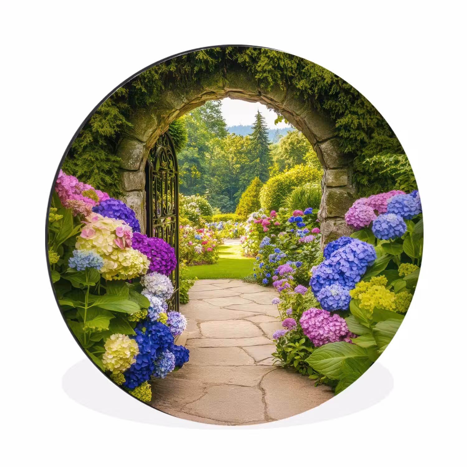Doorkijk - Poort - Hortensia - Bloementuin Wandcirkel aluminium klein -3d
