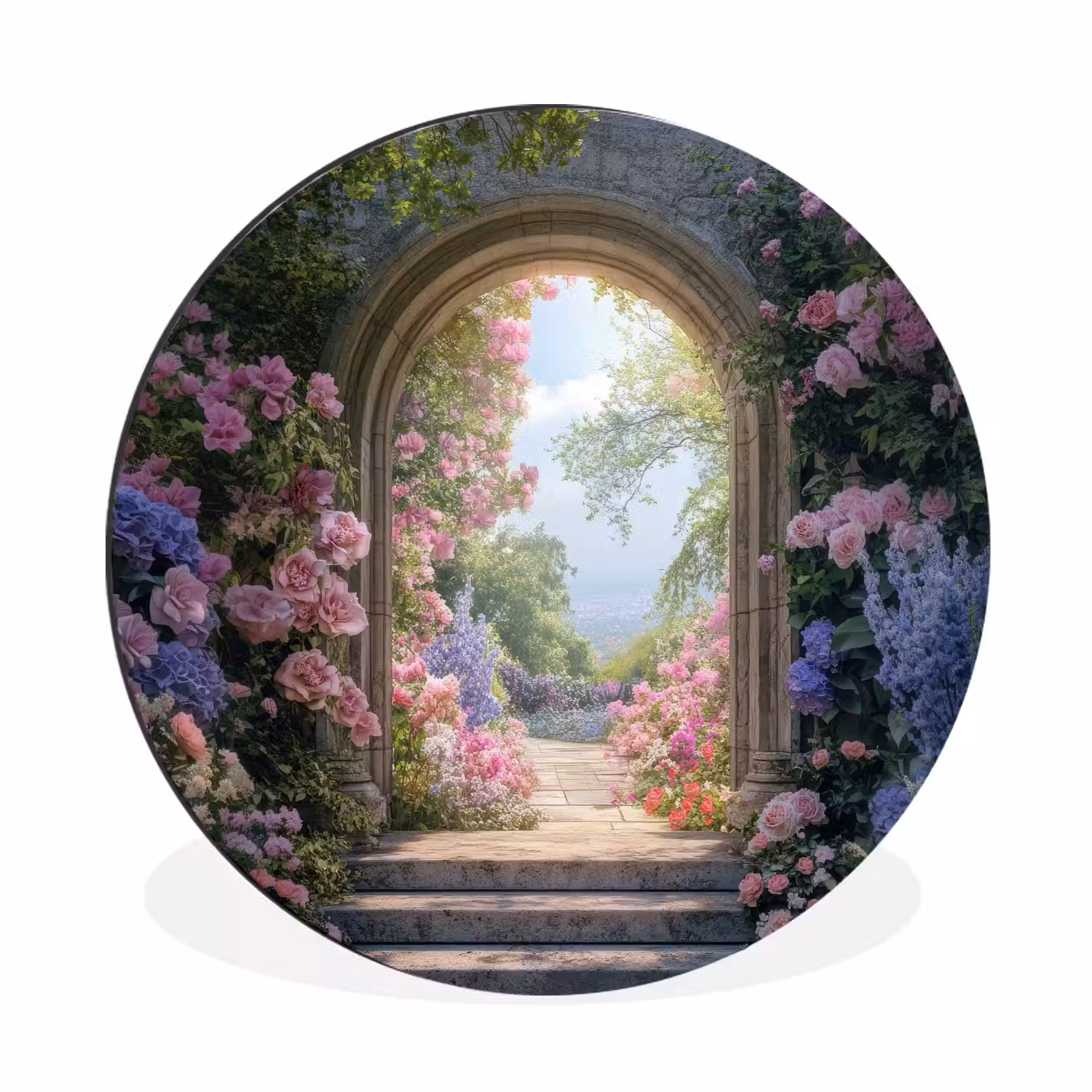Doorkijk - Rozen - Vintage - Bloemen Wandcirkel aluminium klein -3d