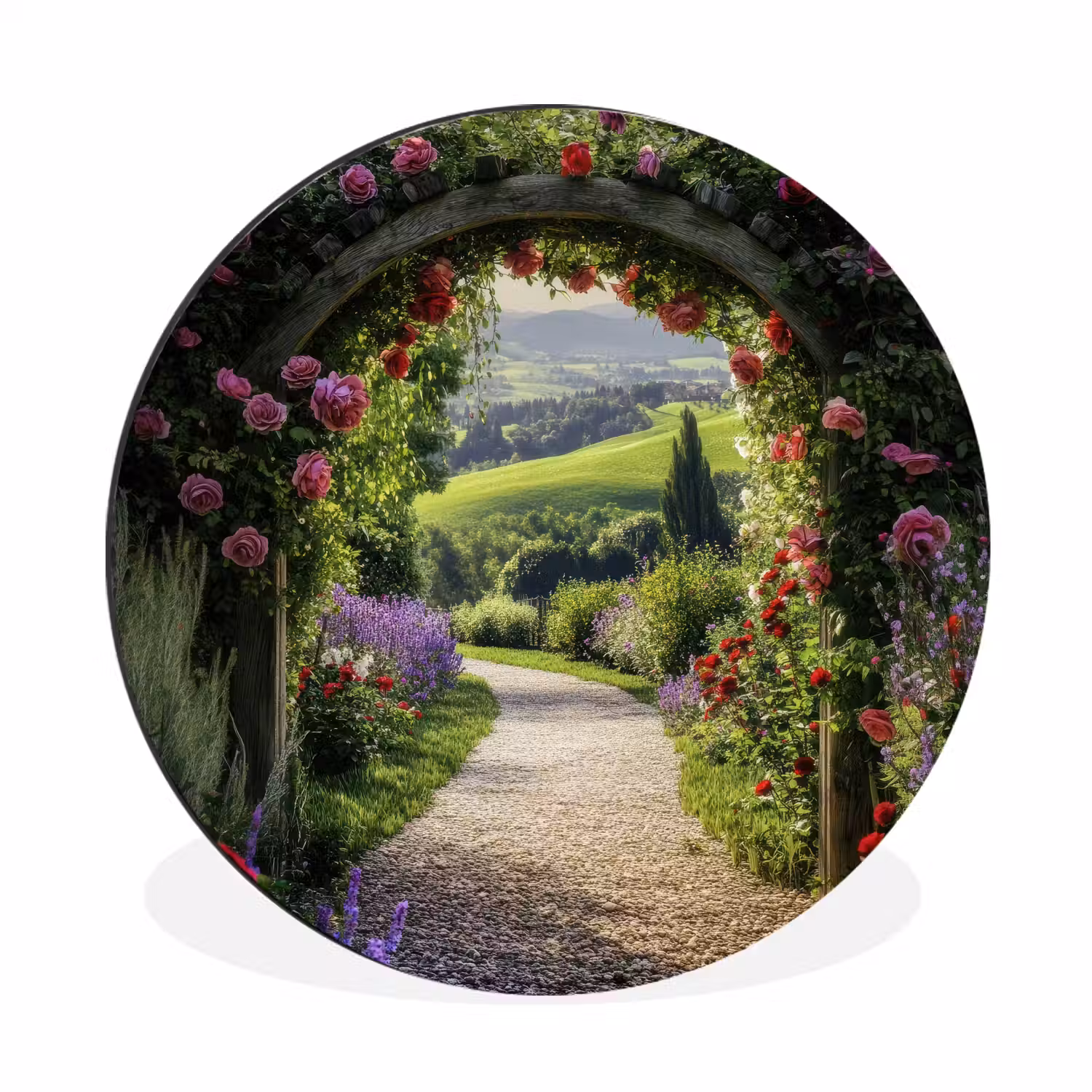 Doorkijk - Tuinboog - Bloemen - Natuur - Pad Wandcirkel aluminium klein -3d