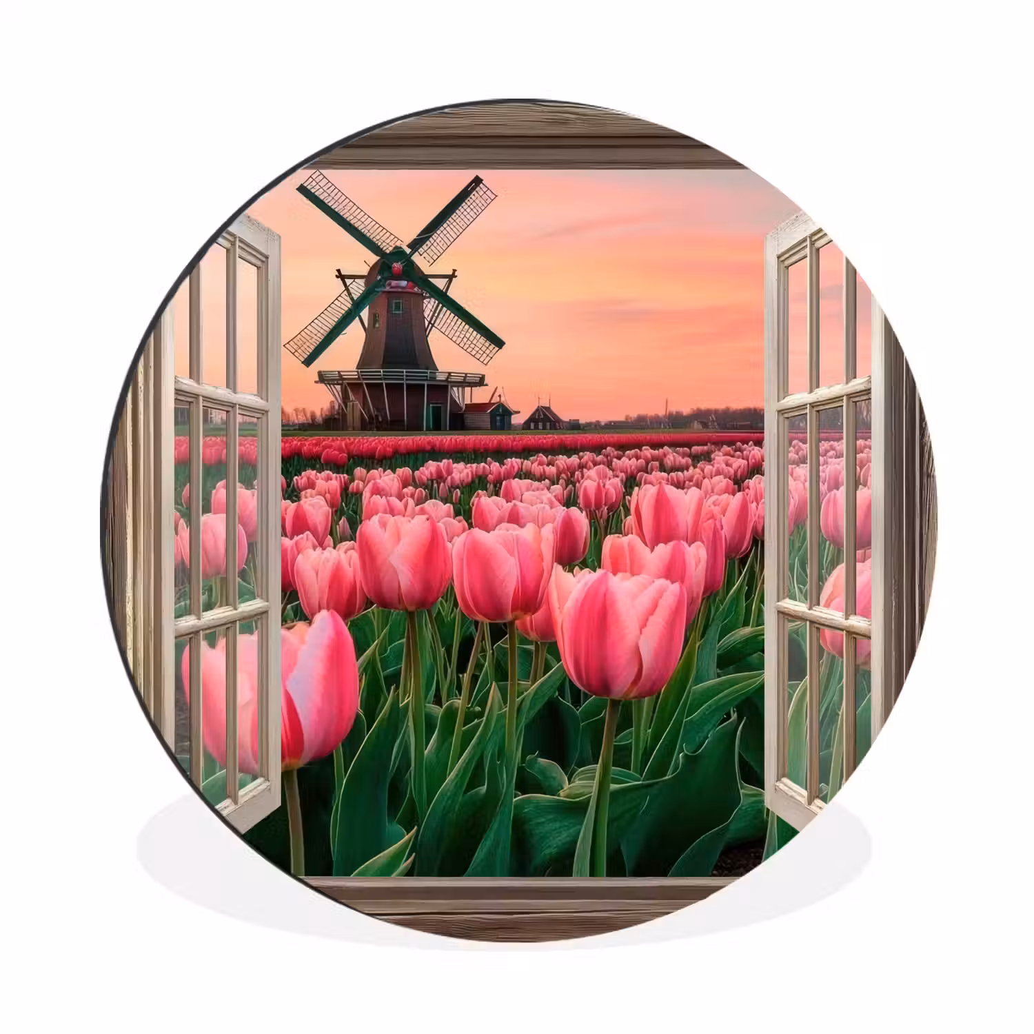 Doorkijk - Tulpen - Bloemen - Molen - Raam Wandcirkel aluminium klein -3d