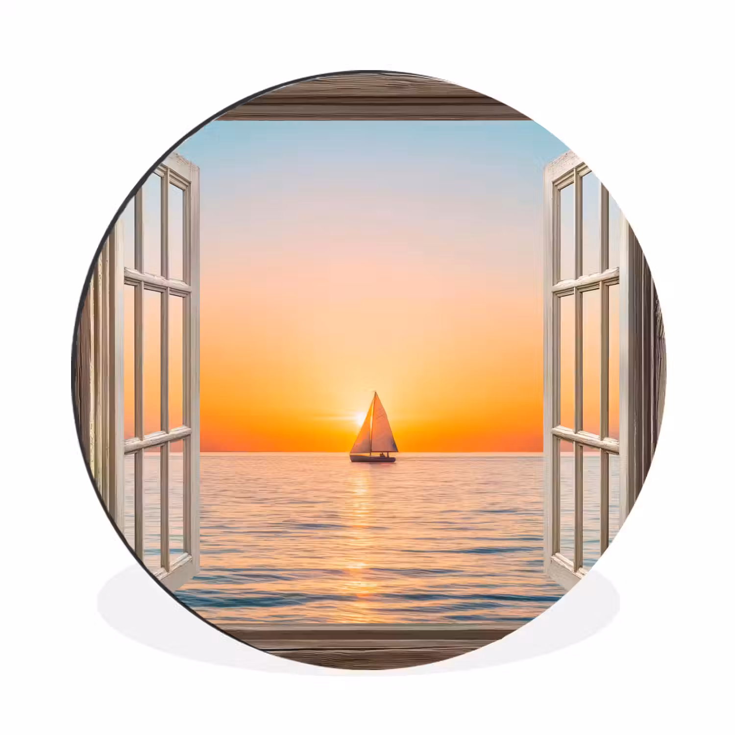 Doorkijk - Zee - Boot - Zonsondergang Wandcirkel aluminium klein -3d