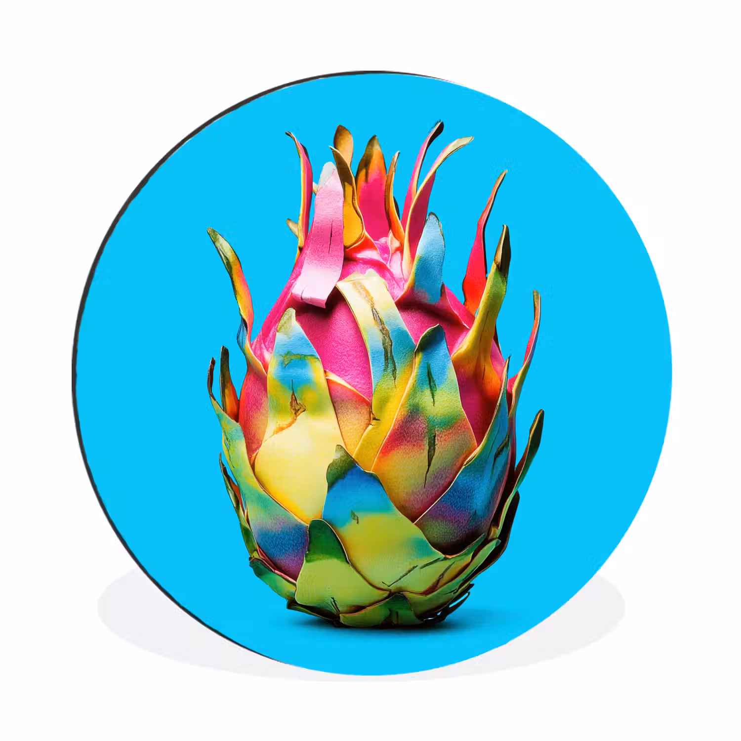Drakenfruit - Blauw - Levendig Wandcirkel aluminium klein -3d