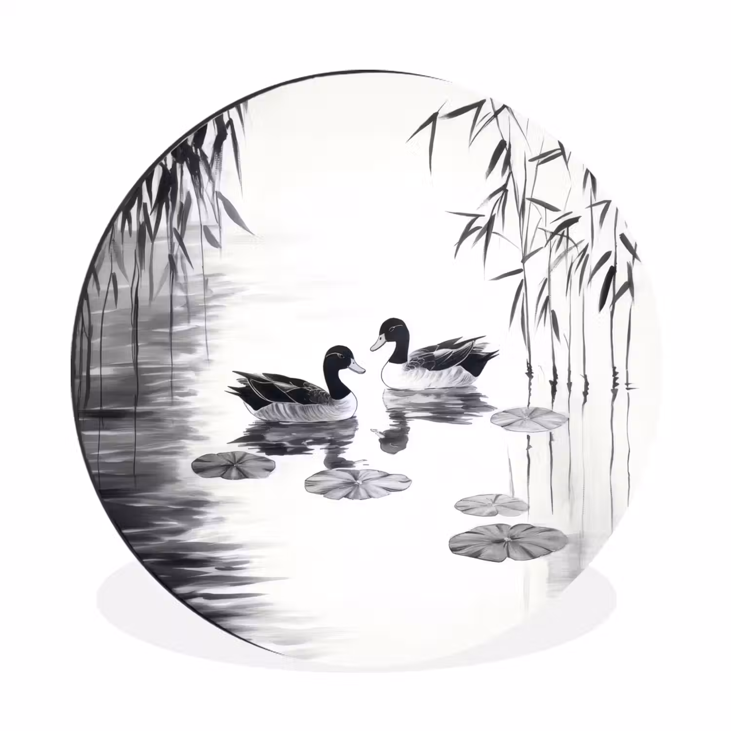 Eenden - Waterlelies - Riet - Zwart Wandcirkel aluminium klein -3d