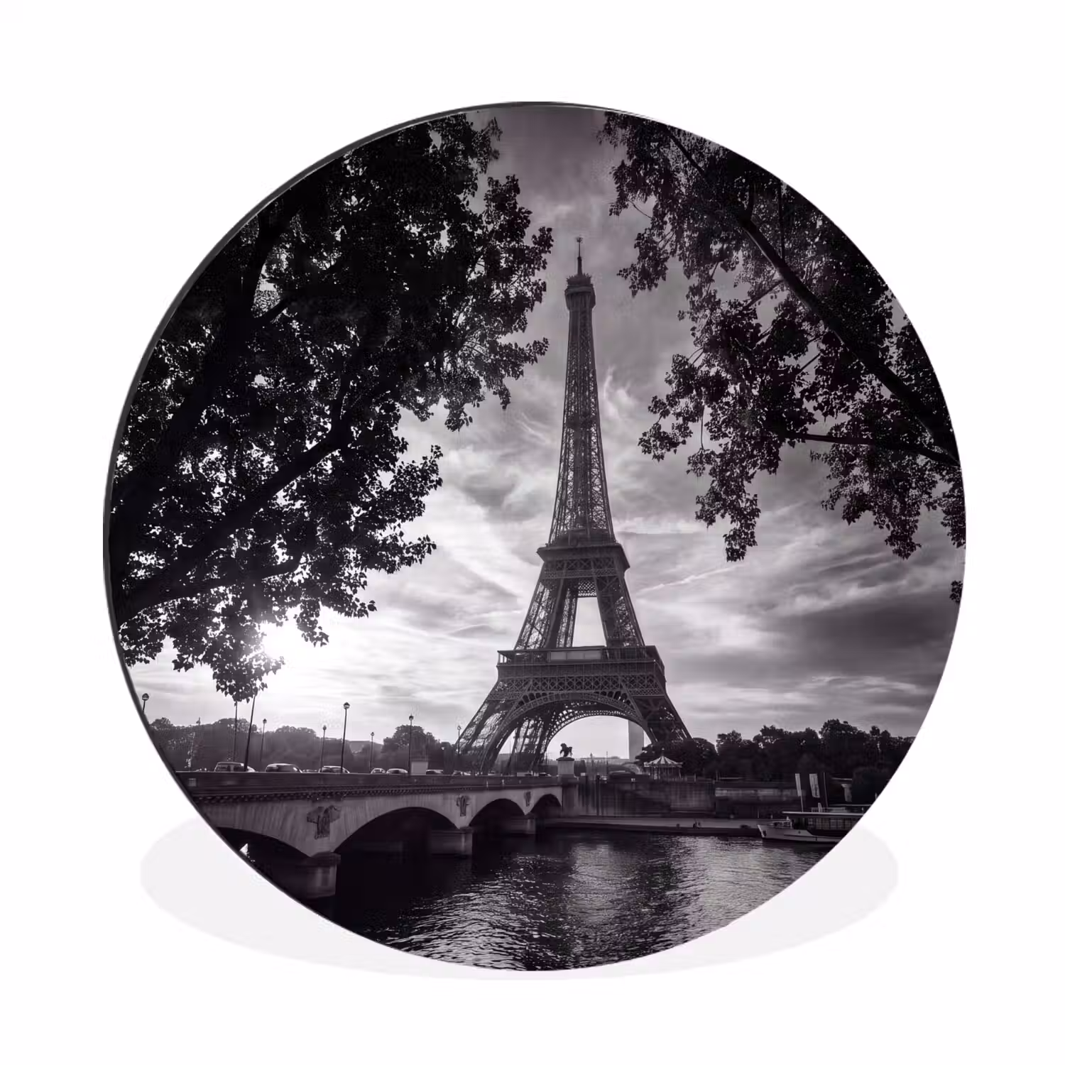 Eiffeltoren - Parijs - Rivier - Architectuur - Zwart-wit Wandcirkel aluminium klein -3d