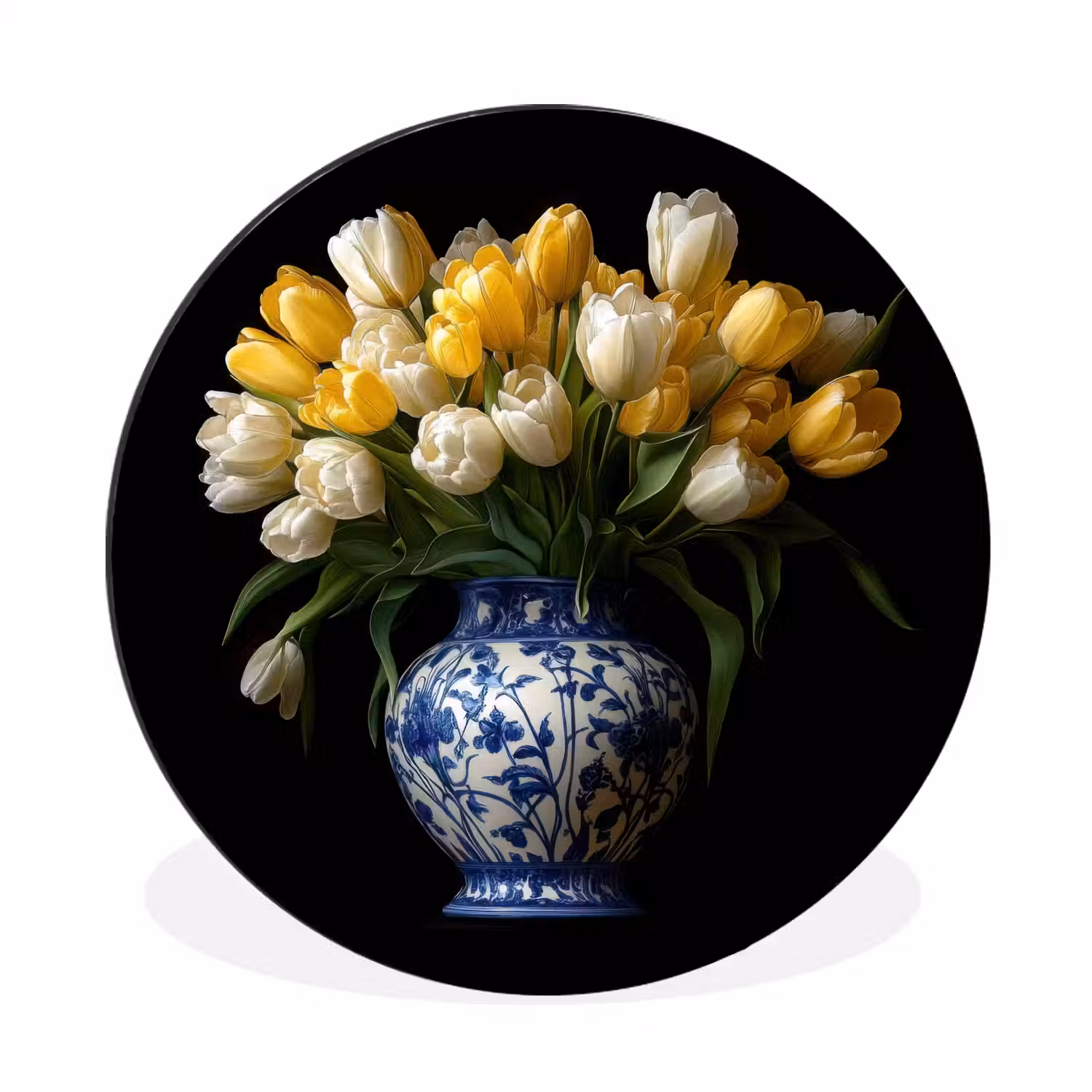 Geel - Tulpen - Vaas - Bloemen Wandcirkel aluminium klein -3d