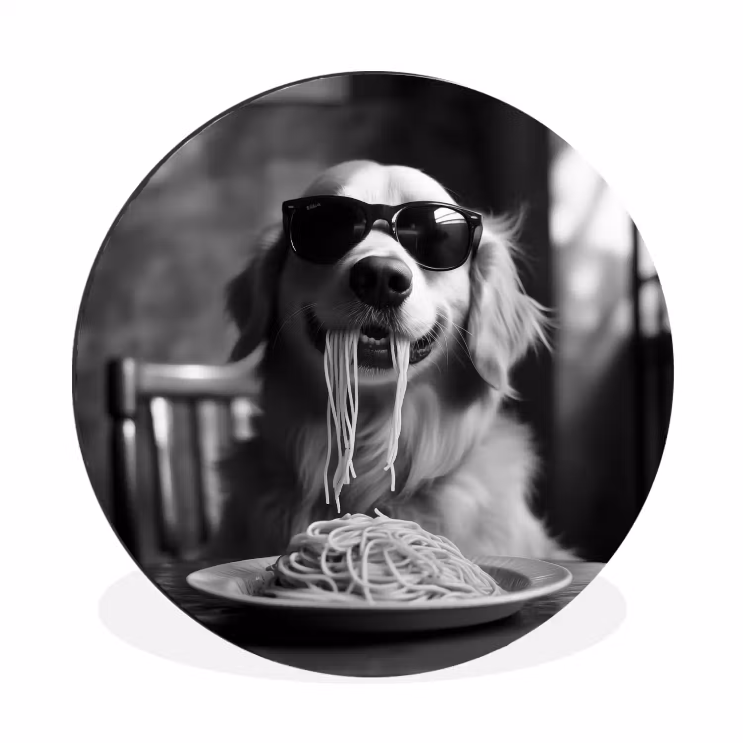 Golden Retriever - Hond - Vrolijk - Bord spaghetti - Zwart - wit Wandcirkel aluminium klein -3d