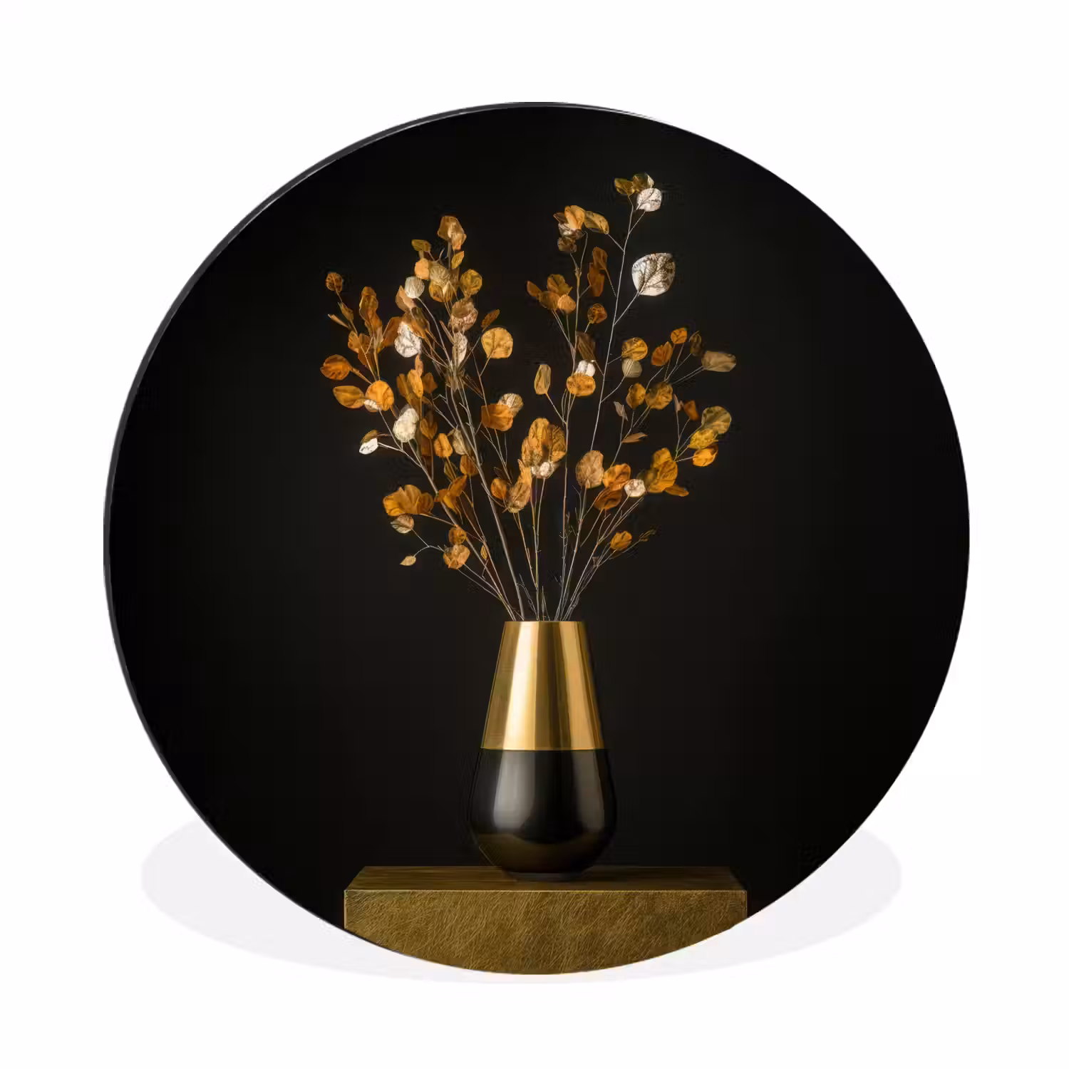 Goudbruine - Bladeren - Vaas - Herfstachtig Wandcirkel aluminium klein -3d