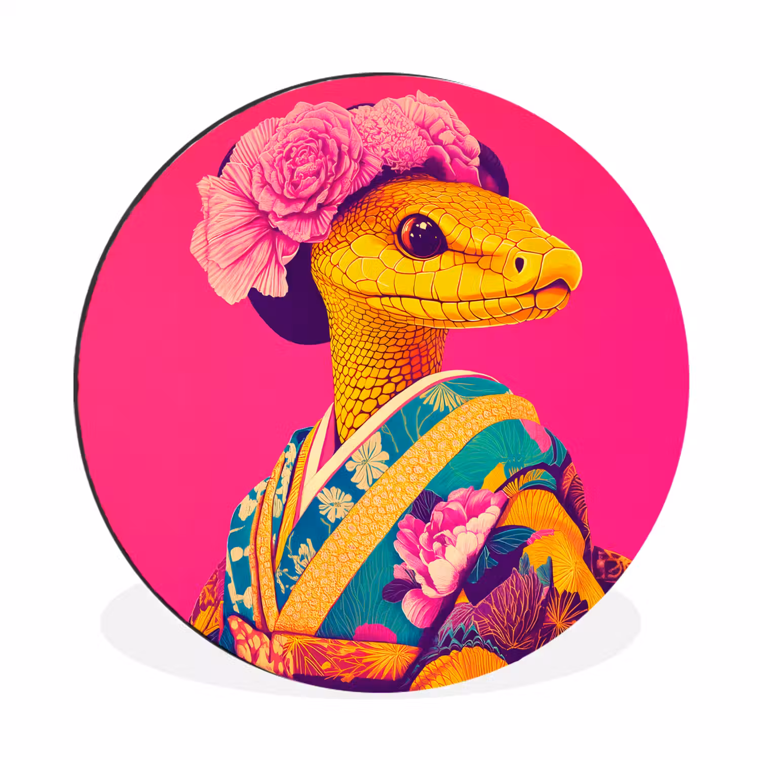Hagedis - Bloemen - Roze - Kimono Wandcirkel aluminium klein -3d