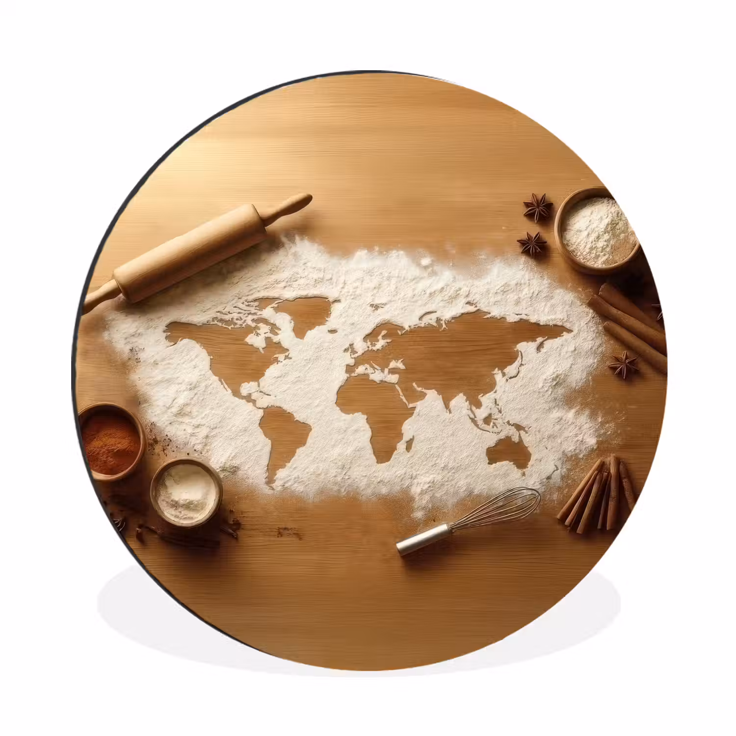 Hout - Wereldkaart - Bakken - Keuken Wandcirkel aluminium klein -3d