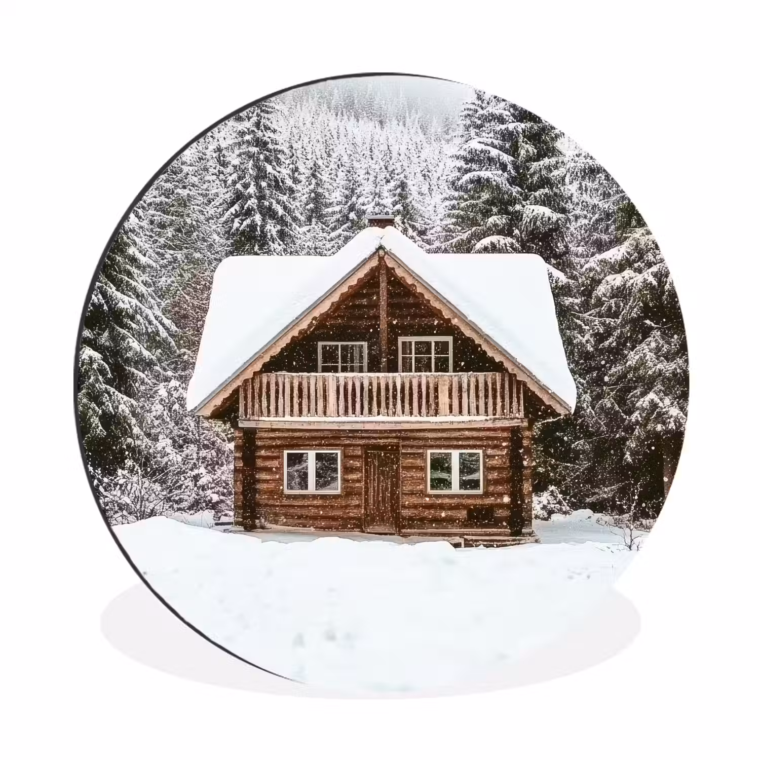 Huis - Bos - Winter - Natuur - Sneeuw Wandcirkel aluminium klein -3d