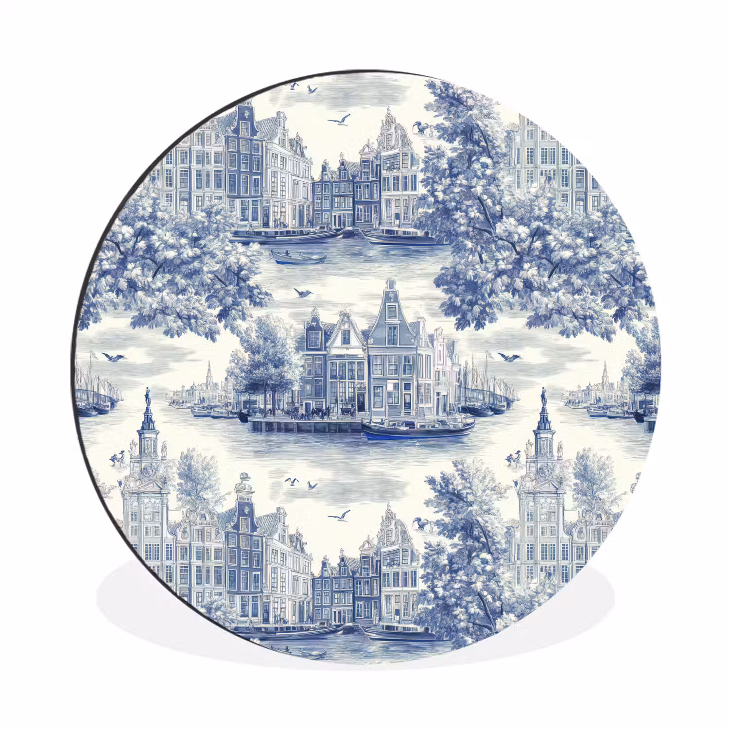 Huizen - Bomen - Water - Vogels - Blauw Wandcirkel aluminium klein 190 -3d