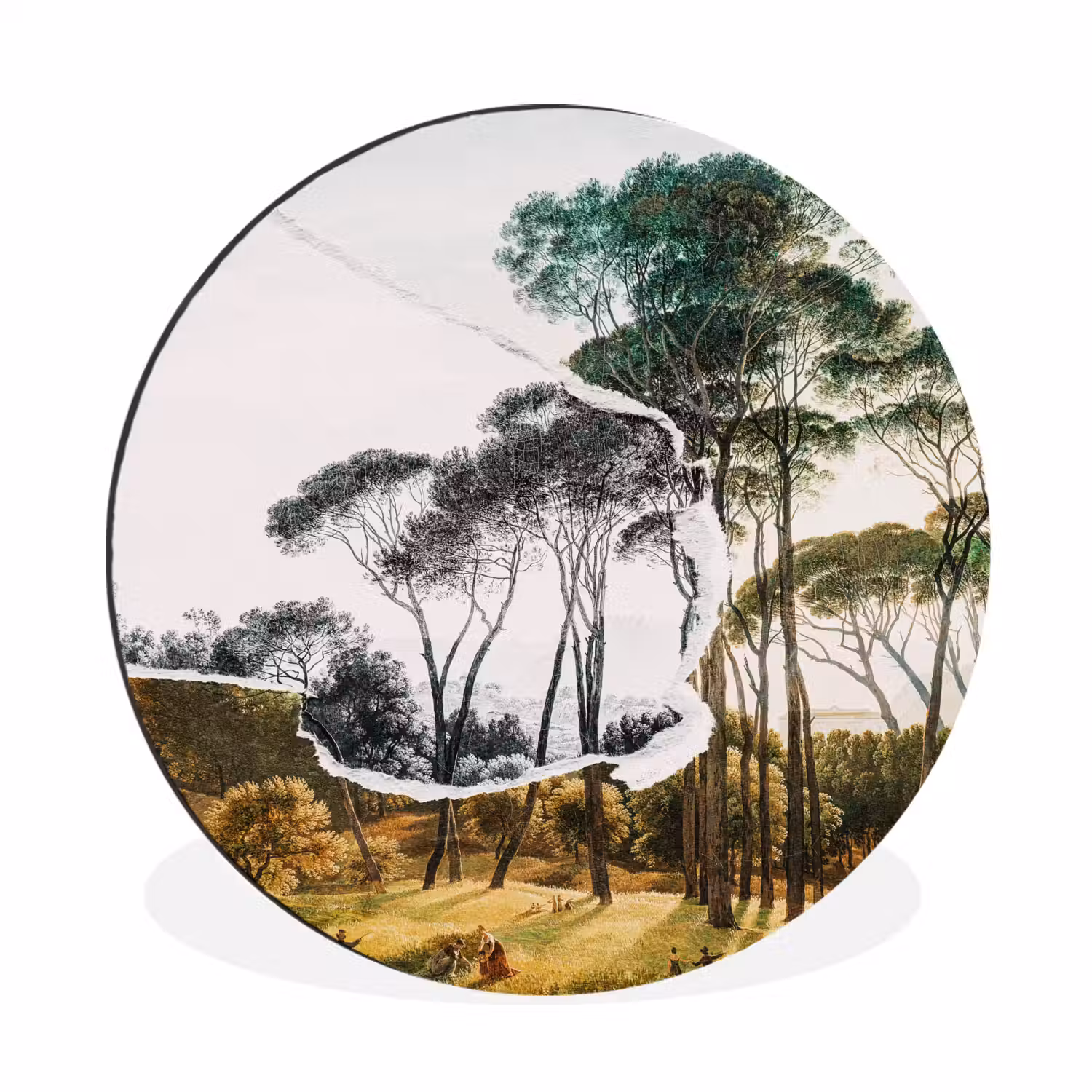Italiaans landschap parasoldennen - Kunst - Hendrik Voogd - Schilderij - Zwart wit - Oude meesters Wandcirkel aluminium klein -3d