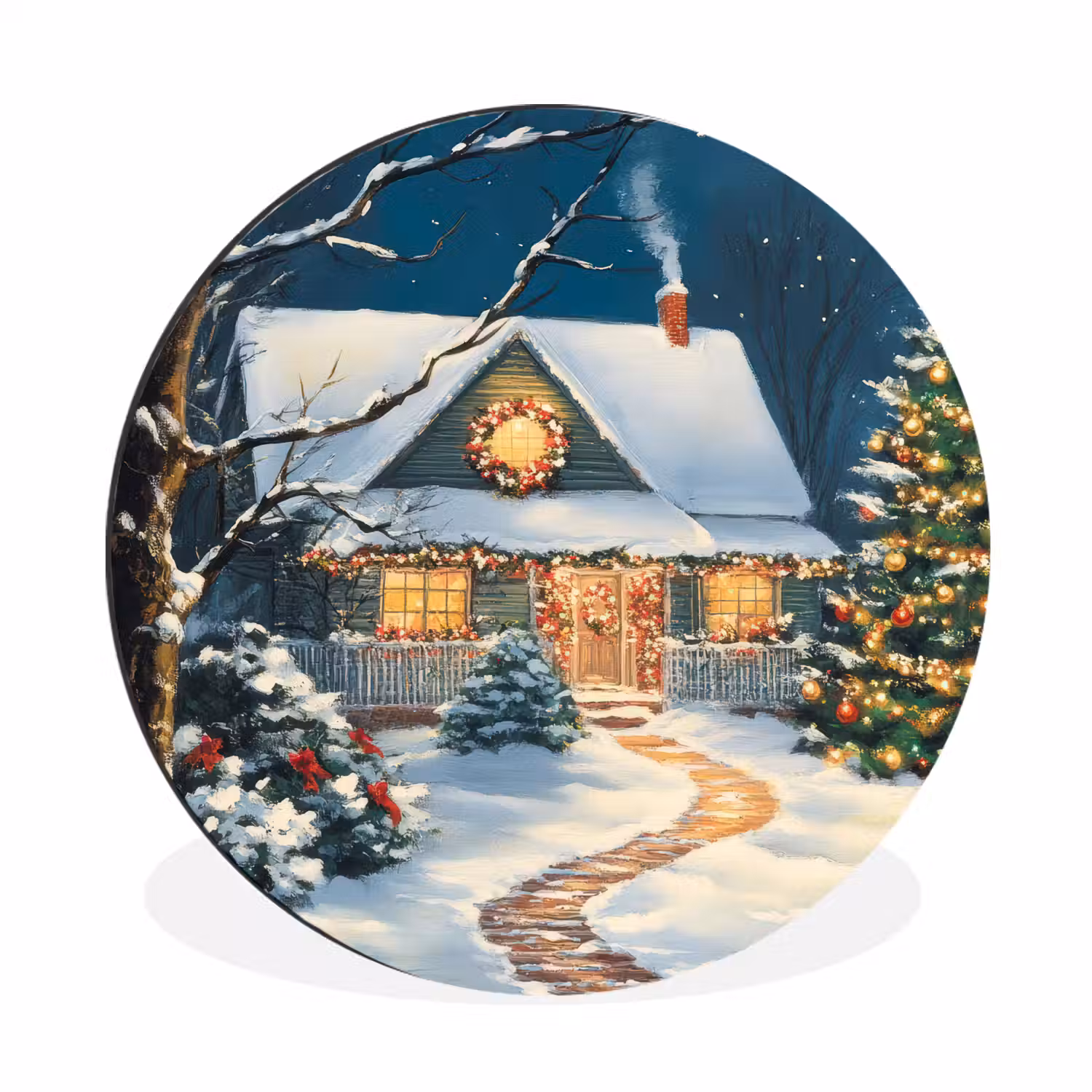 Kerst - Kerstboom - Winter - Huis - Sneeuw Wandcirkel aluminium klein -3d