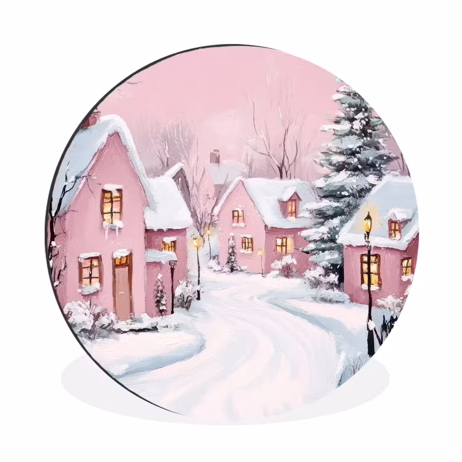 Kerstdorp - Roze - Winter - Sneeuw - Huizen Wandcirkel aluminium klein -3d