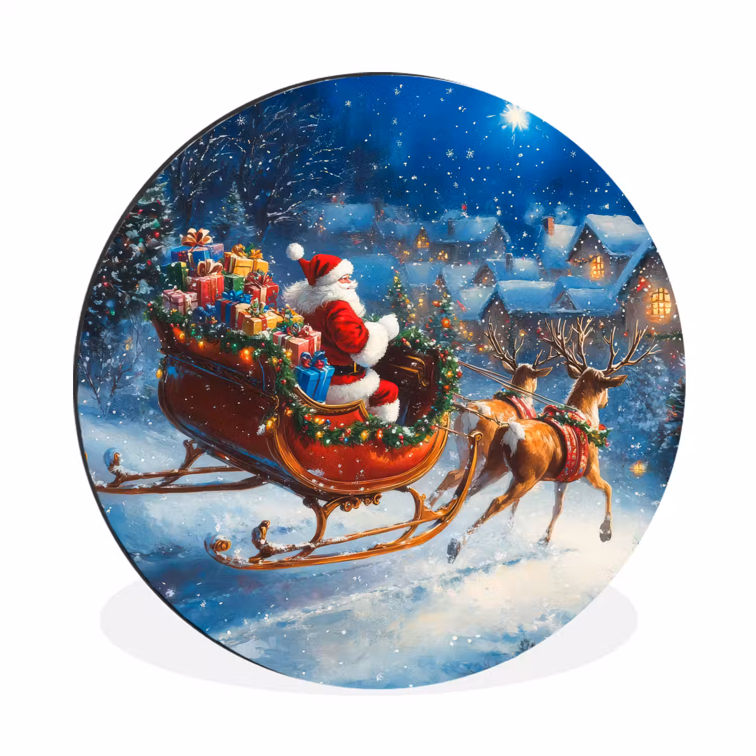 Kerstman - Rendier - Kerst - Sneeuw Wandcirkel aluminium klein -3d