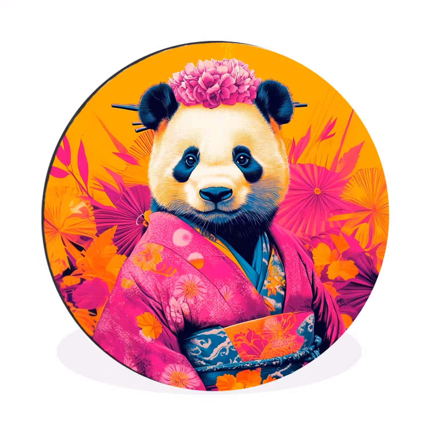 Kimono - Roze - Panda - Bloemenkroon Wandcirkel aluminium klein -3d