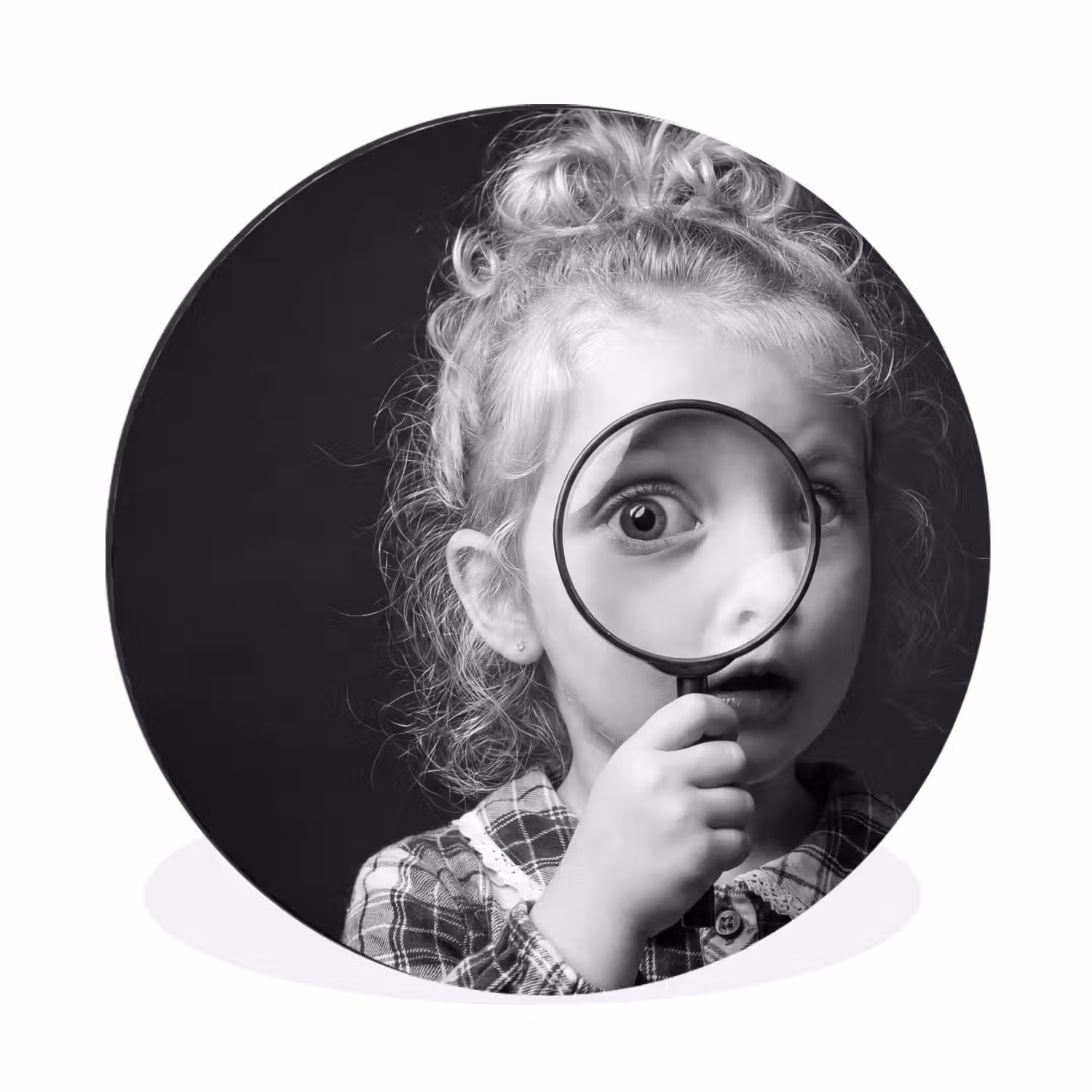 Kind - Vergrootglas - Portret - Zwart-wit Wandcirkel aluminium klein -3d