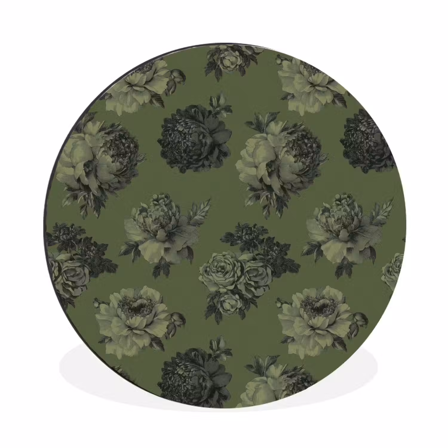 Klassiek - botanisch - olijfgroen - bloemen Wandcirkel aluminium klein 190 -3d