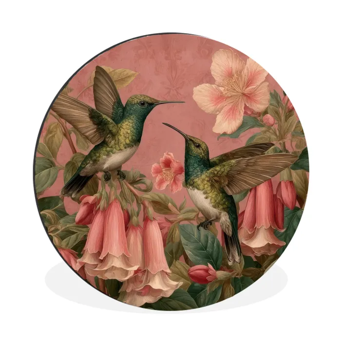 Kolibries - Bloemen - Groen - Roze Wandcirkel aluminium klein -3d
