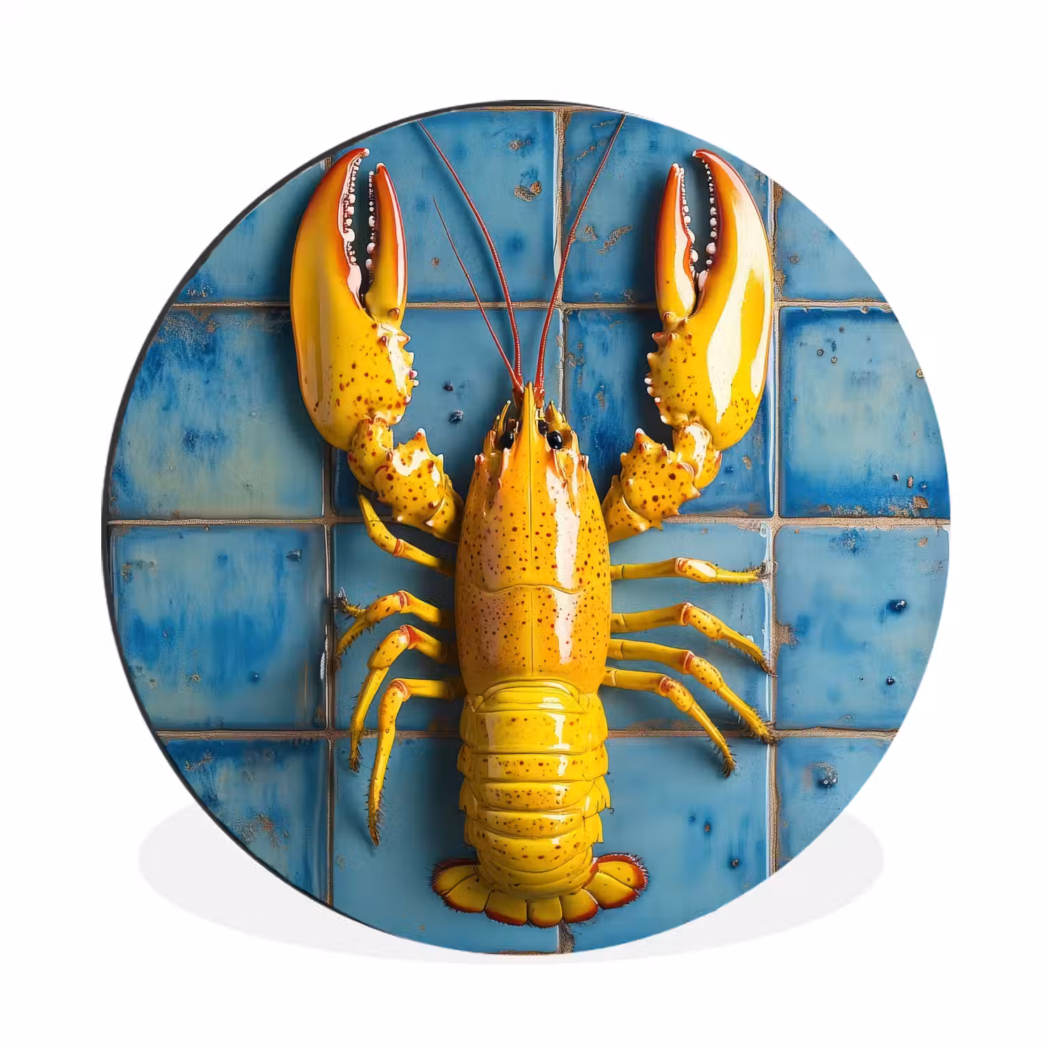 Kreeft - Geel - Blauw - Tegels Wandcirkel aluminium klein -3d