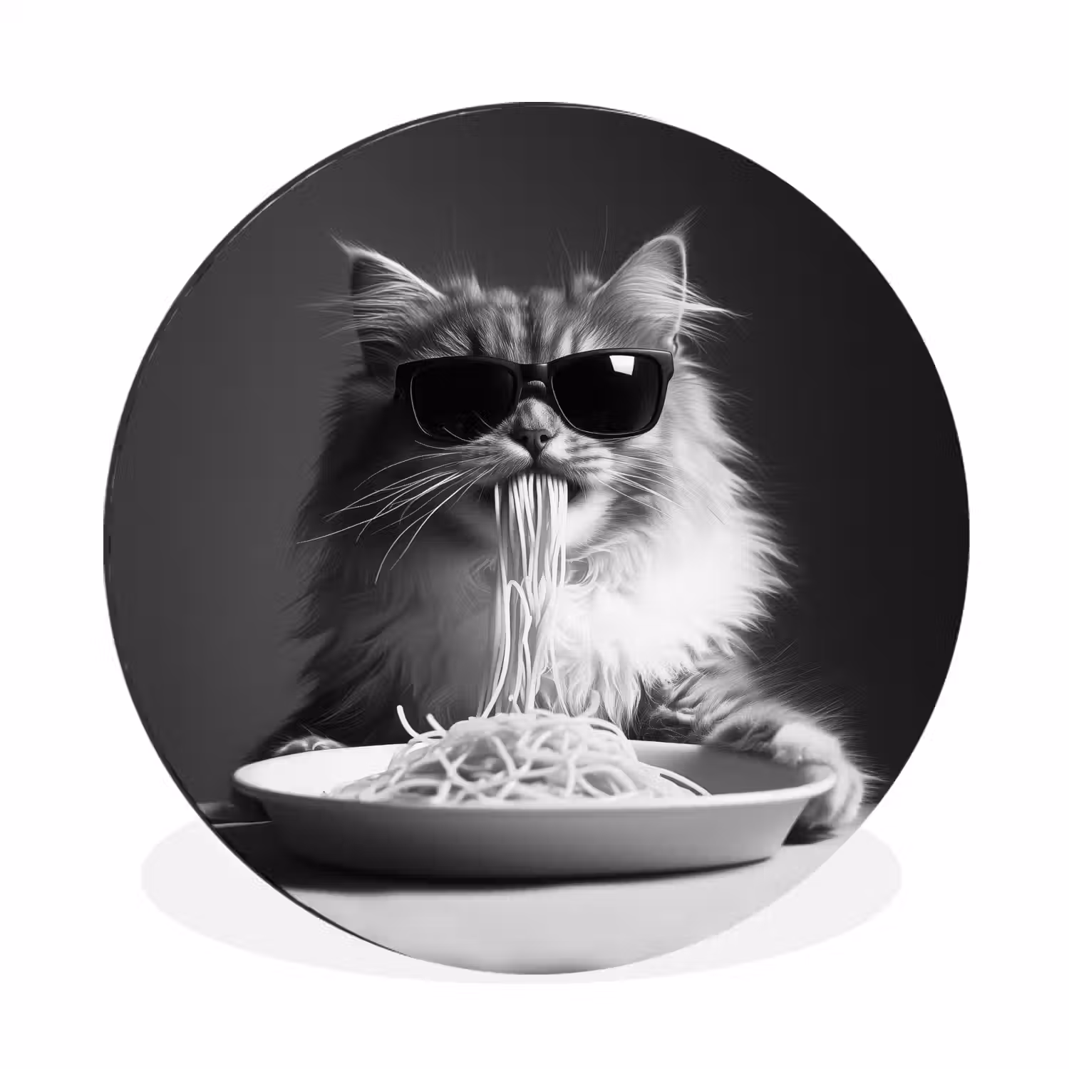 Langharige kat - Zonnebril - Spaghetti - Humor - Zwart - wit Wandcirkel aluminium klein -3d