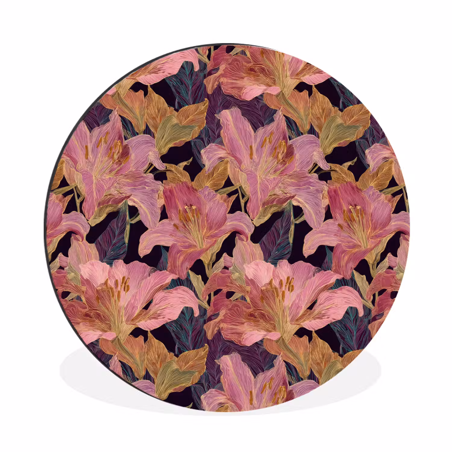Lelies - Patroon - Roze - Goud Wandcirkel aluminium klein 190 -3d