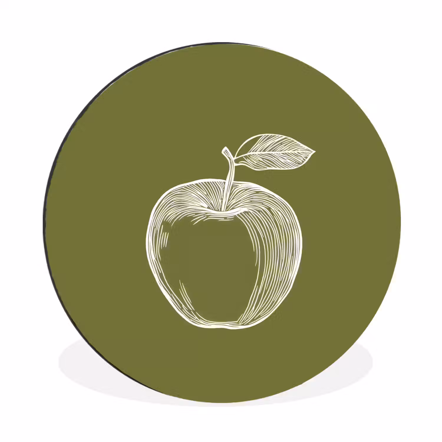 Lijntekening - Appel - Olijfgroen - Blaadje Wandcirkel aluminium klein -3d