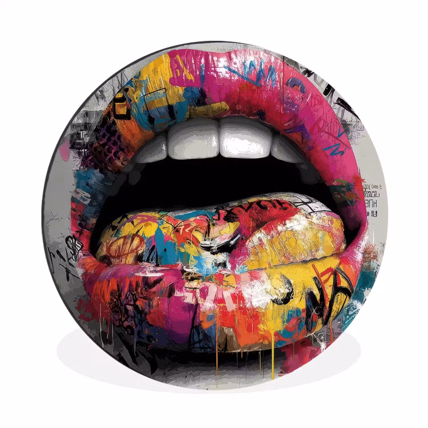Lippen - Graffiti - Expressief Wandcirkel aluminium klein -3d