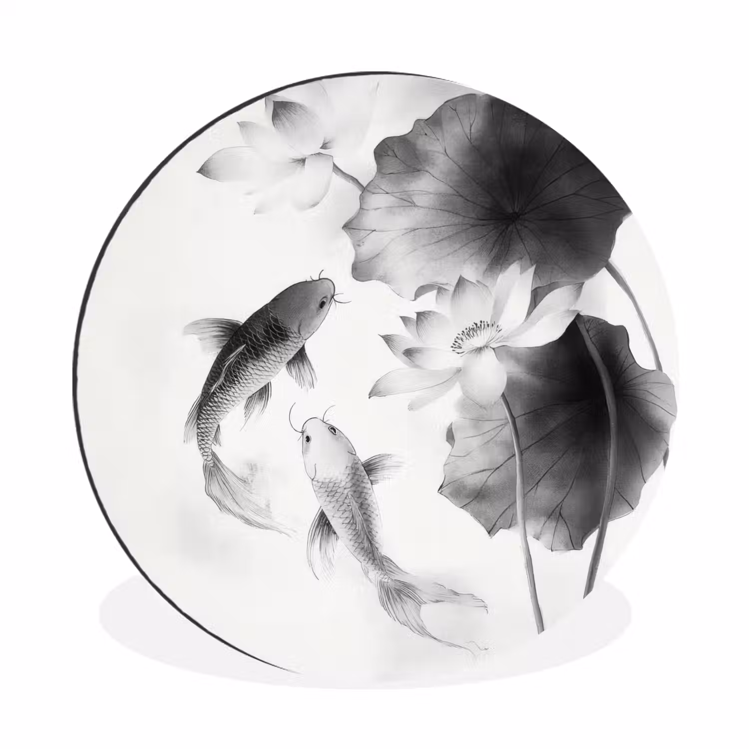 Lotusbloemen - Vissen - Bladeren - Zwart Wandcirkel aluminium klein -3d