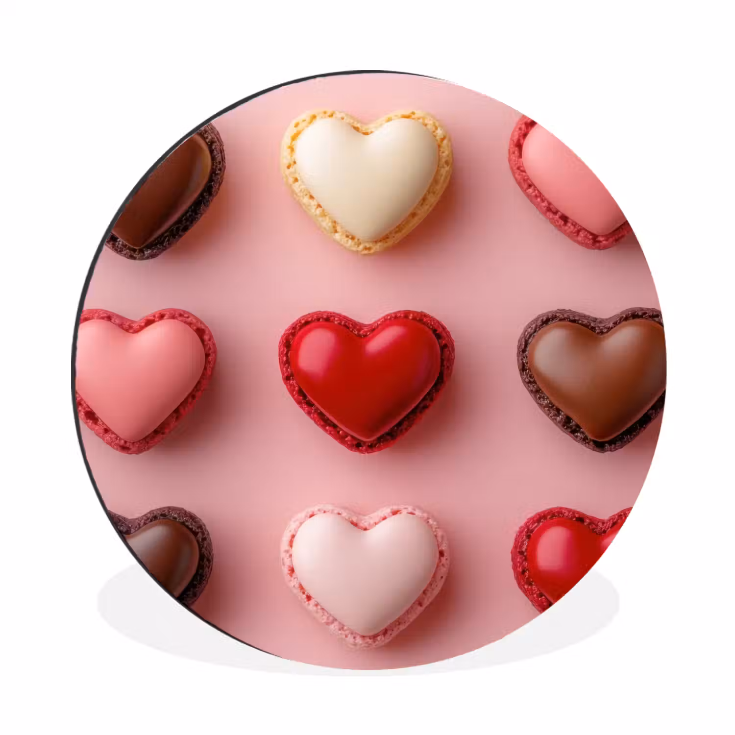 Macarons - Hartjes - Kleurrijk - Roze Wandcirkel aluminium klein -3d