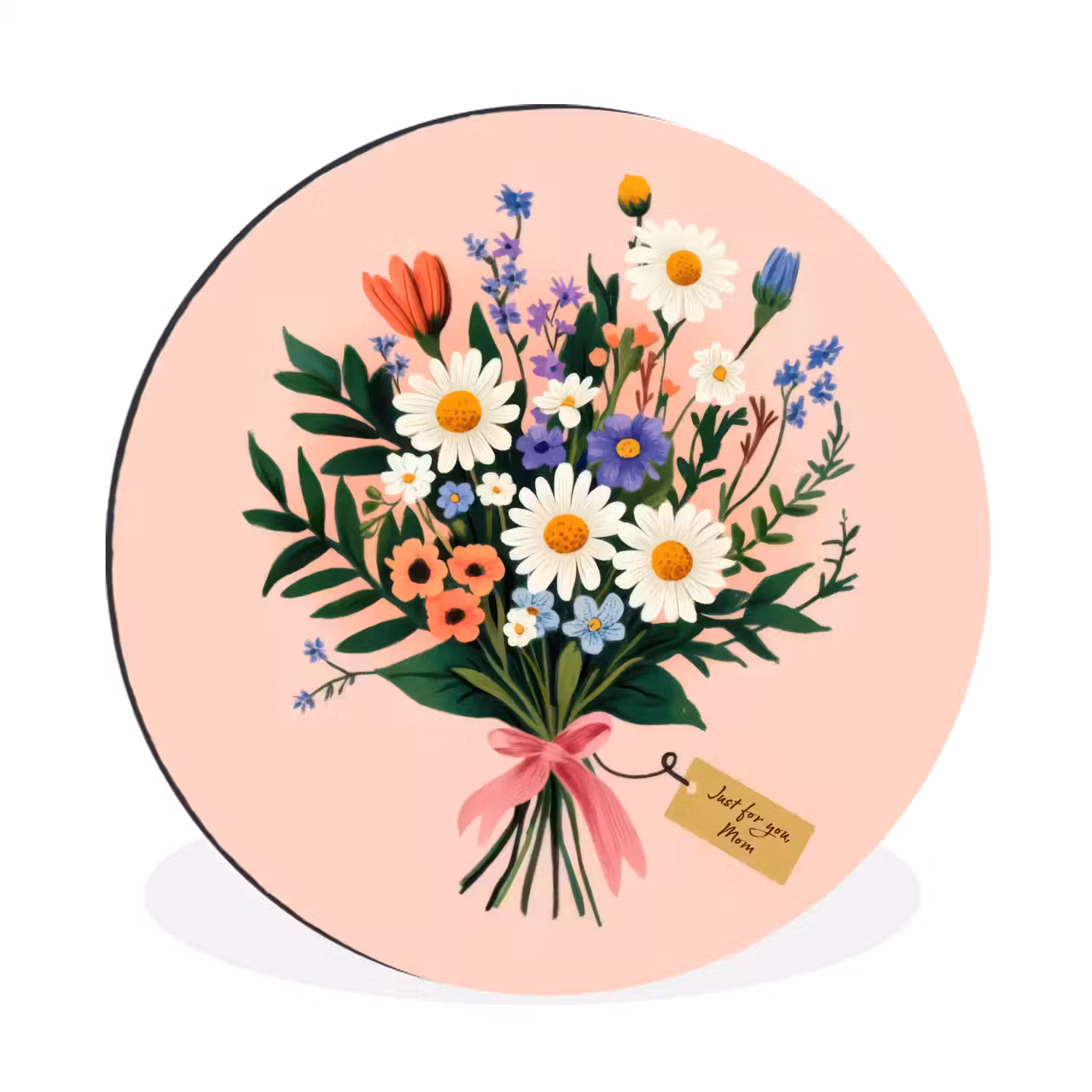 Margrieten - Boeket - Strikje - Roze Wandcirkel aluminium klein -3d