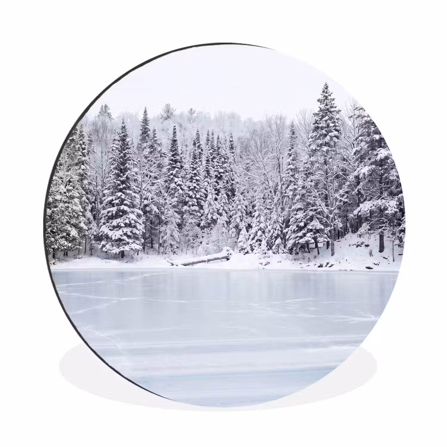 Meer - Dennen - IJs - Winter - Rustgevend Wandcirkel aluminium klein -3d