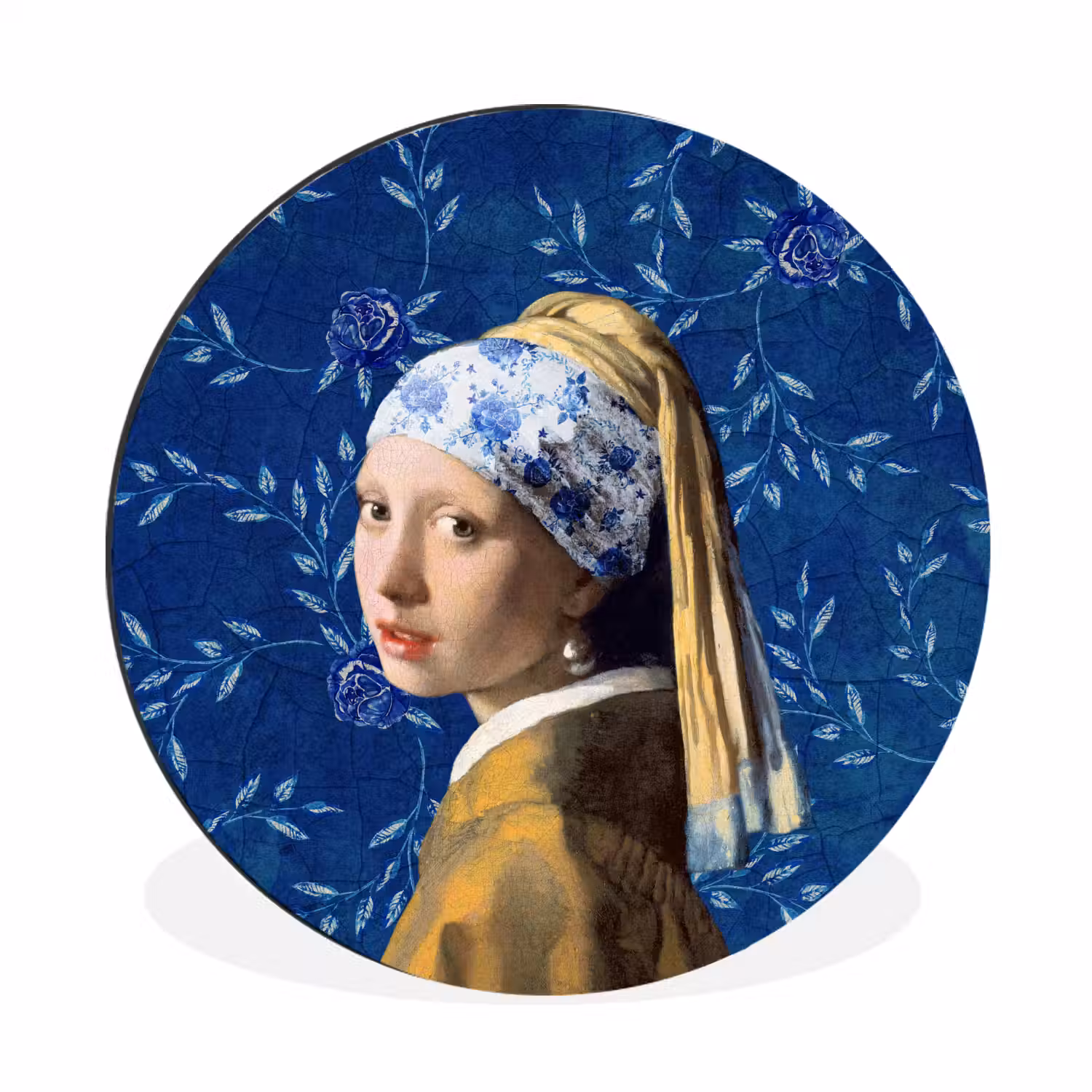 Meisje met de parel - Delfts blauw - Vermeer - Bloemen - Schilderij - Oude meesters Wandcirkel aluminium klein -3d