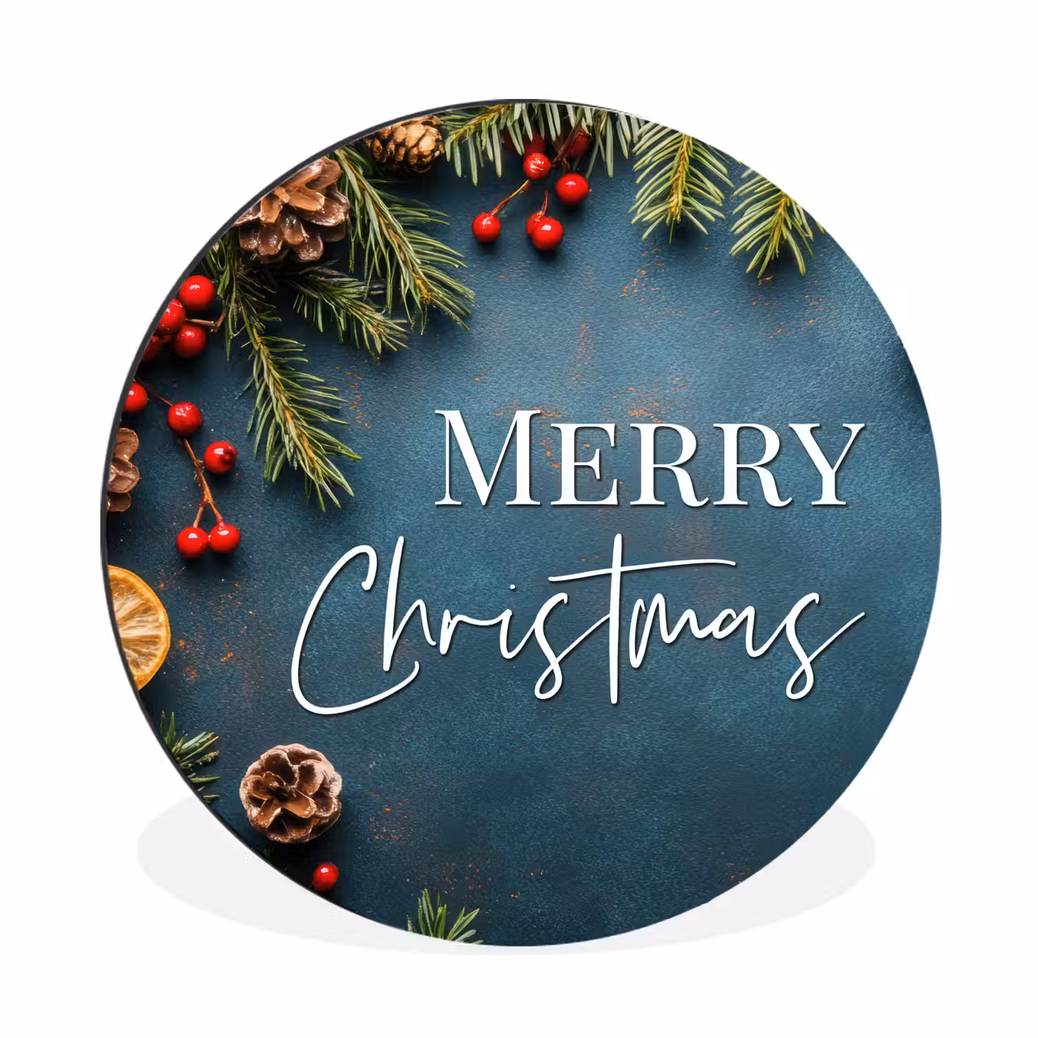 Merry Christmas - Blauw - Kerst - Winter Wandcirkel aluminium klein -3d