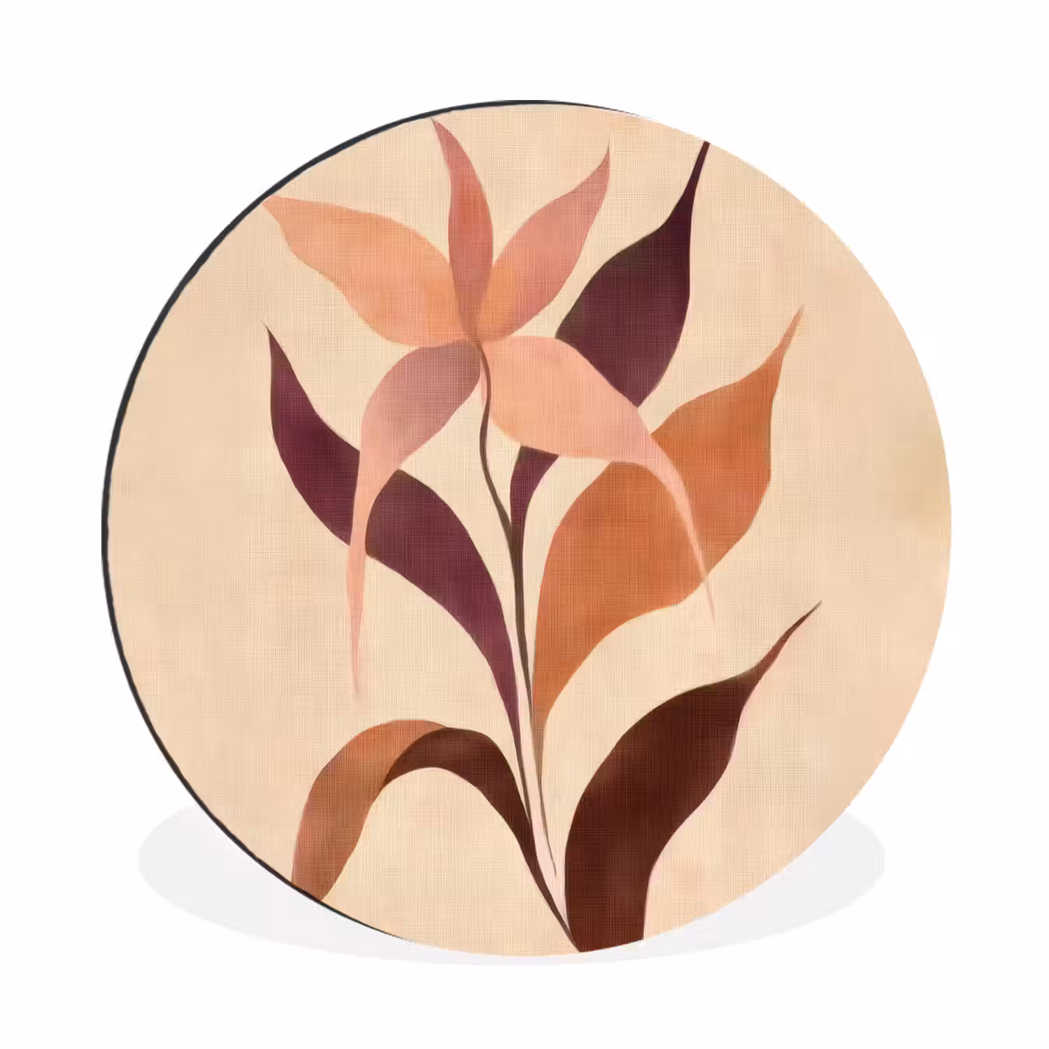 Minimalistisch - Bloem - Bladeren - Beige Wandcirkel aluminium klein -3d