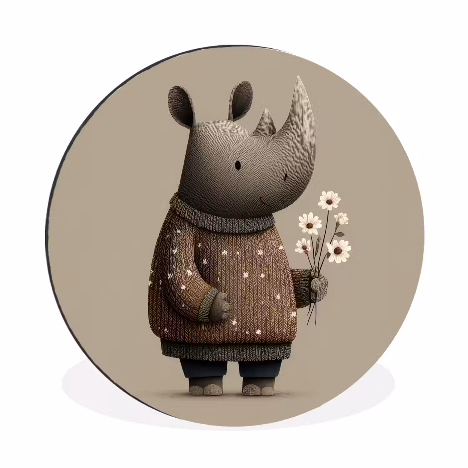 Neushoorn - Witte bloemen - Lief Wandcirkel aluminium klein -3d