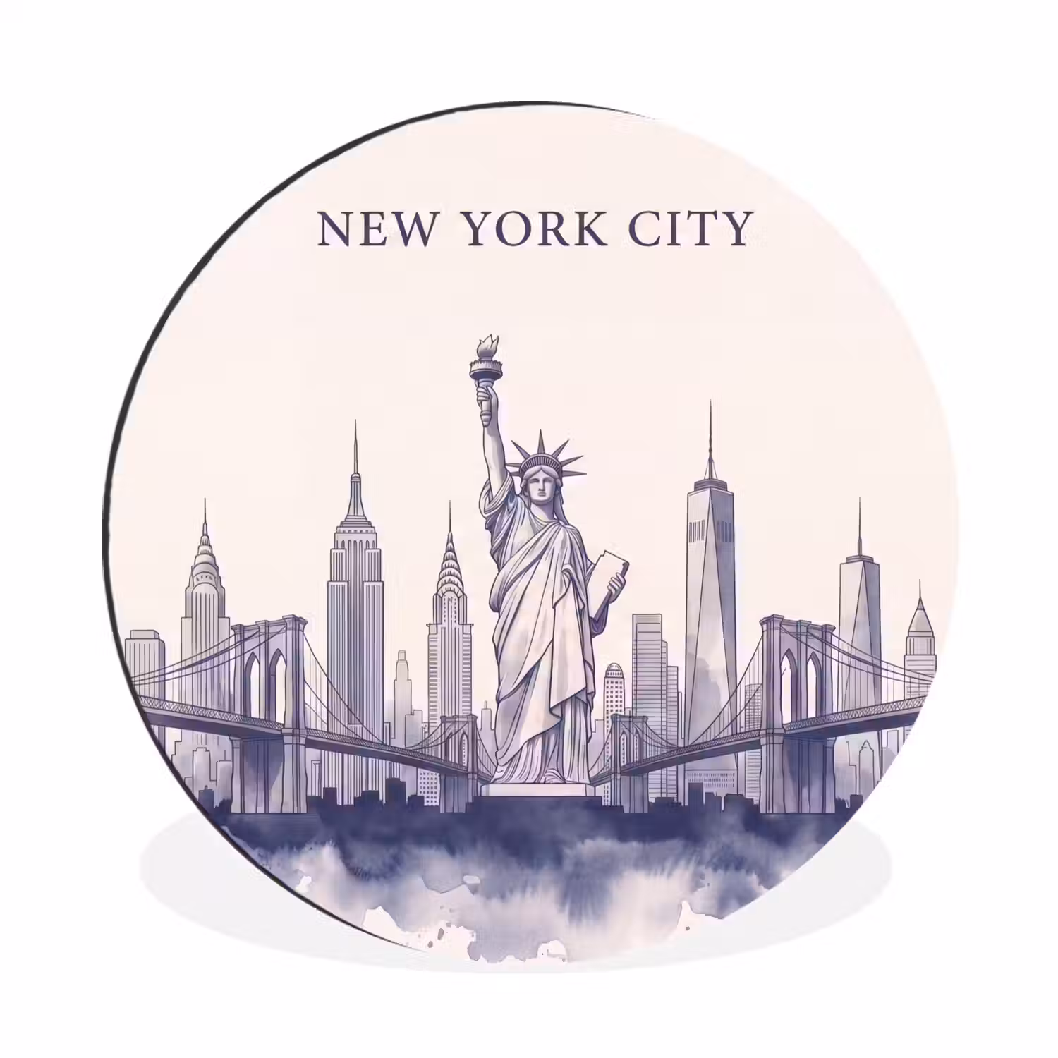 New York - Vrijheidsbeeld - Skyline - Illustratie - Blauw Wandcirkel aluminium klein -3d
