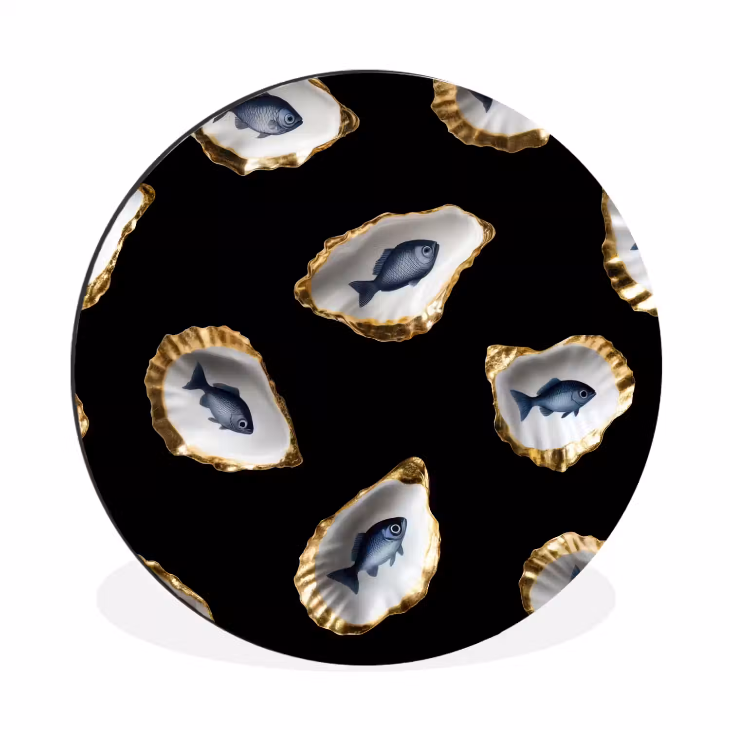 Oesters - Vissen - Blauw - Goud Wandcirkel aluminium klein -3d